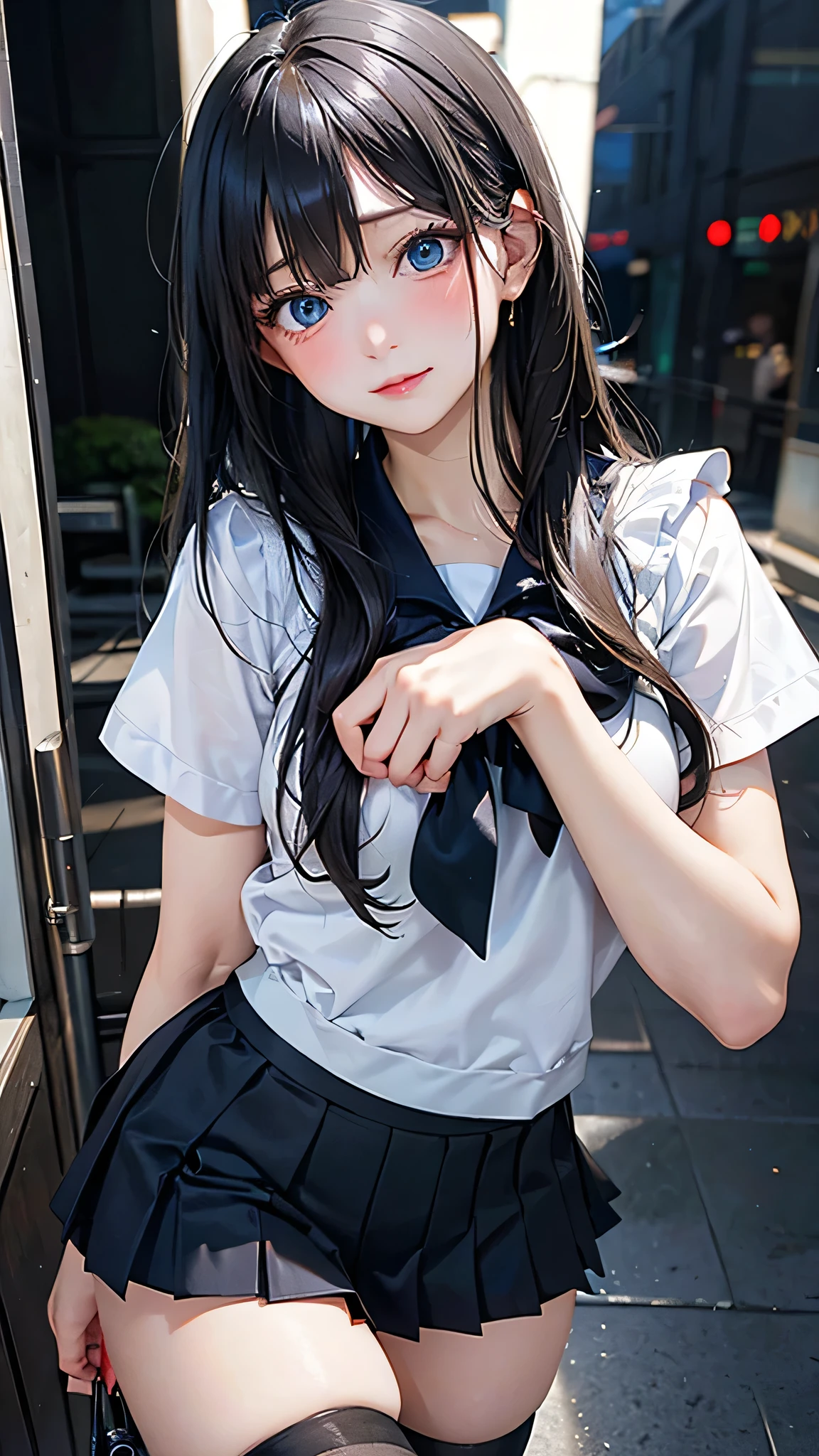 top-quality、masutepiece、超A high resolution)、、(Looking at the camera、Kamimei、a smile:1.2)、(((Semen、a wet body:1.35)))、hotel、hi-school girl、A dark-haired、Semi-long、straight haired、kawaii faces、Beautiful eyes、(high-school uniform、blazers、shirt、neck tie、skirt by the、Black Knee High Socks)