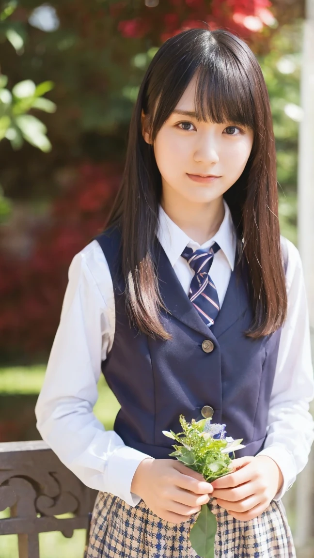 One Girl,Checked Skirt,Navy blue vest,tie,(RAW Photos, Best Quality),,(moonlight:1.4),,(Realistic, photo-Realistic:1.2), ,((18years old):1.6),(Petite body:1.2),(low length:1.4),masterpiece,Young ,Very delicate and beautiful, 非常にdetailed, 2k, wonderful, detailed, 非常にdetailed 8k , 非常にdetailed, High resolution, Moody lighting, 美しいdetailedな女の子, 非常にdetailed eyes and face, Beautiful and detailed nose, Attention to beautiful details,whole body,Perfect Anatomy,Slender body,(Long hair with bangs),sexy,whole bodyのポートレート,