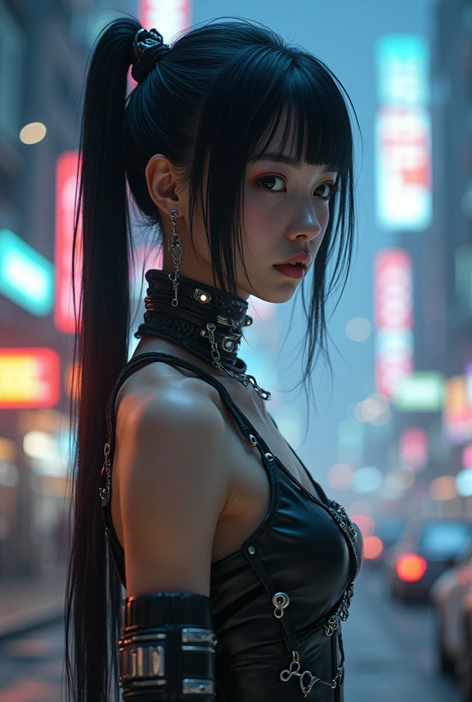 cyberpunk girl, Mila Kunis, black wavy hair with blue and purple neon lighting, cyber outfit, Futuristic, award-winning ultra-realistic photos, hyper-detailing, complicated details, high resolution CGI artwork 8k, a girl in Cyberpunk city standing in street, Futuristic style, colorful LED lights, depth of field, create depth with atmospheric lighting, wide wide shot, use atmospheric and volumetric lighting to enhance cityscape detail, illuminated by neon lights, Pastel textured colored background, Colourful, vibrant, best quality, 8k, highres, masterpiece, photorealistic, photo-realistic, ultra-detailed, realistic, HDR, UHD, studio lighting, ultra-fine painting, sharp focus, physically-based rendering, extreme detail description, professional, vivid colors, bokeh