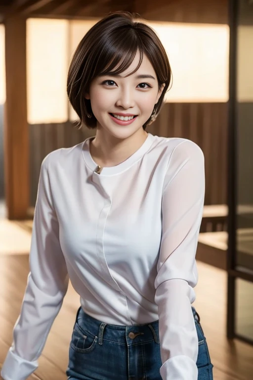 1 Female,Photorealistic,Highest quality,Ultra high definition,8K,Cool Beauty,Beauty,Perfect Style,shirt,Tight pants,Japanese,Upper body close-up,smile