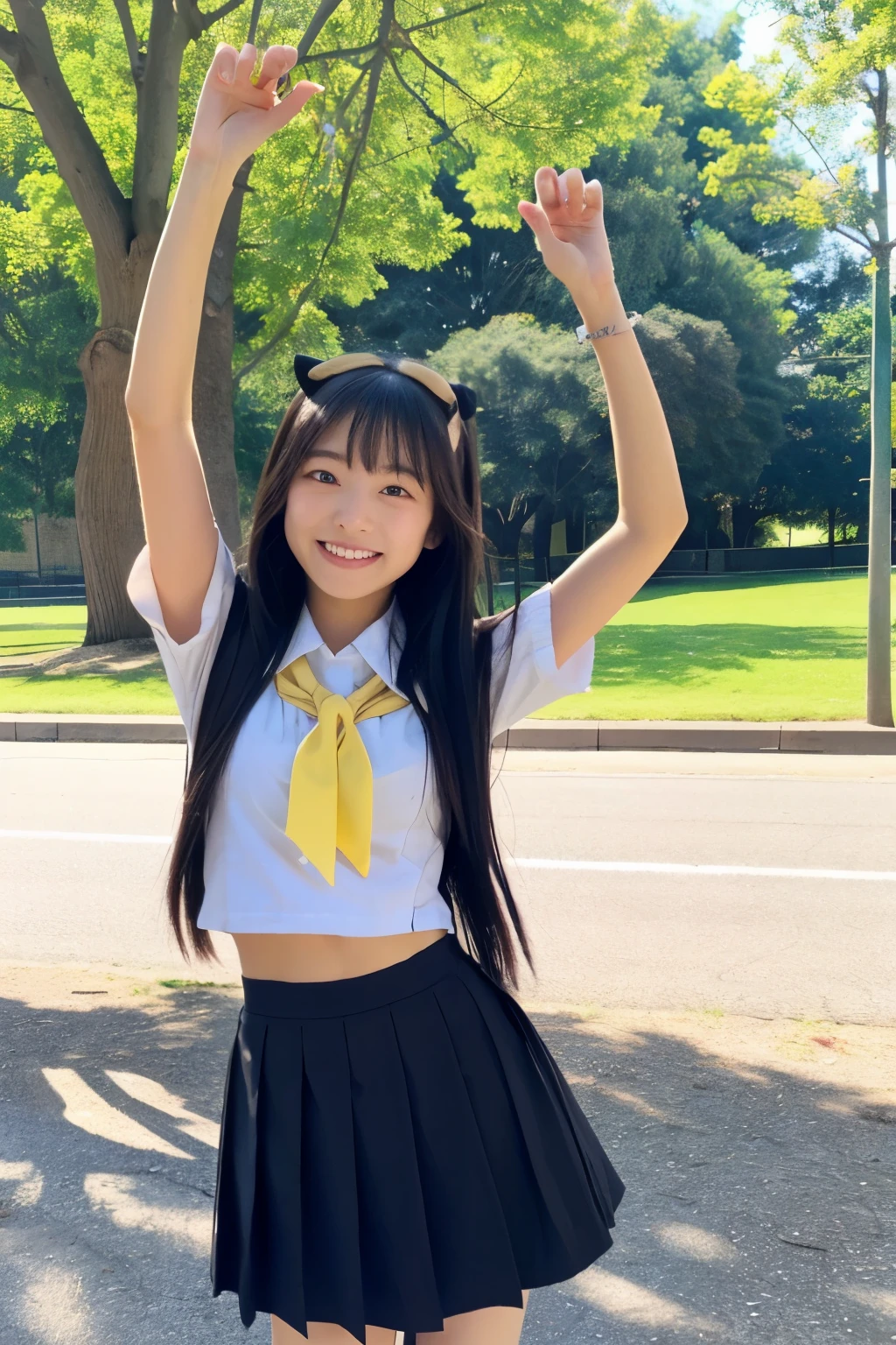 (wariza:2),Sad smile,right arm up,Elementary school girl with long black hair