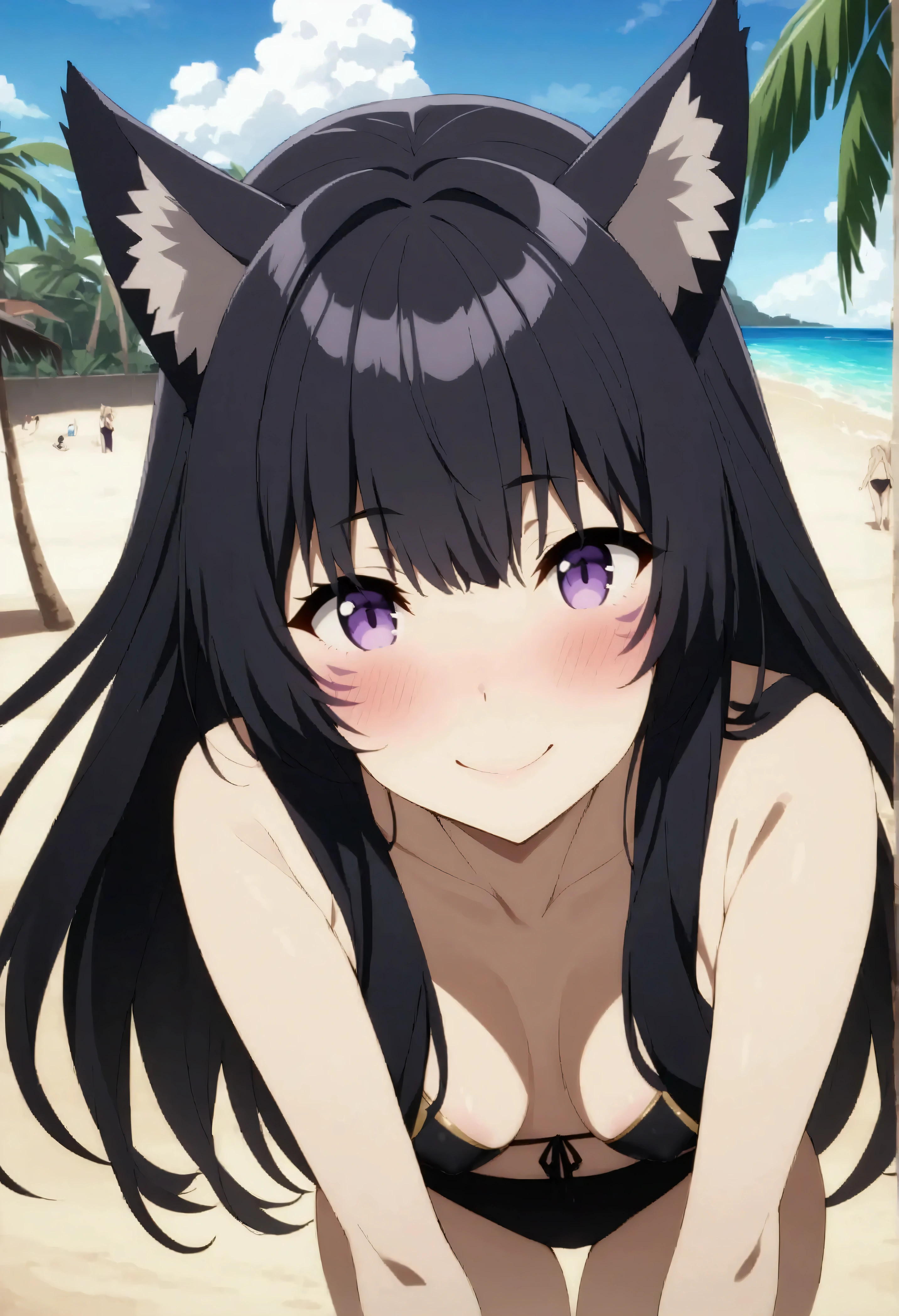 NSFW,masterpiece,Best Quality,High resolution,Very detailed,delta\(I want to be a powerful figure behind the scenes\),Long Hair、Black Hair、Animal ears、Purple Eyes、Cat ears、Animal earsの毛、Face mark、Swimwear,A happy smile,blush,beach,Palm trees