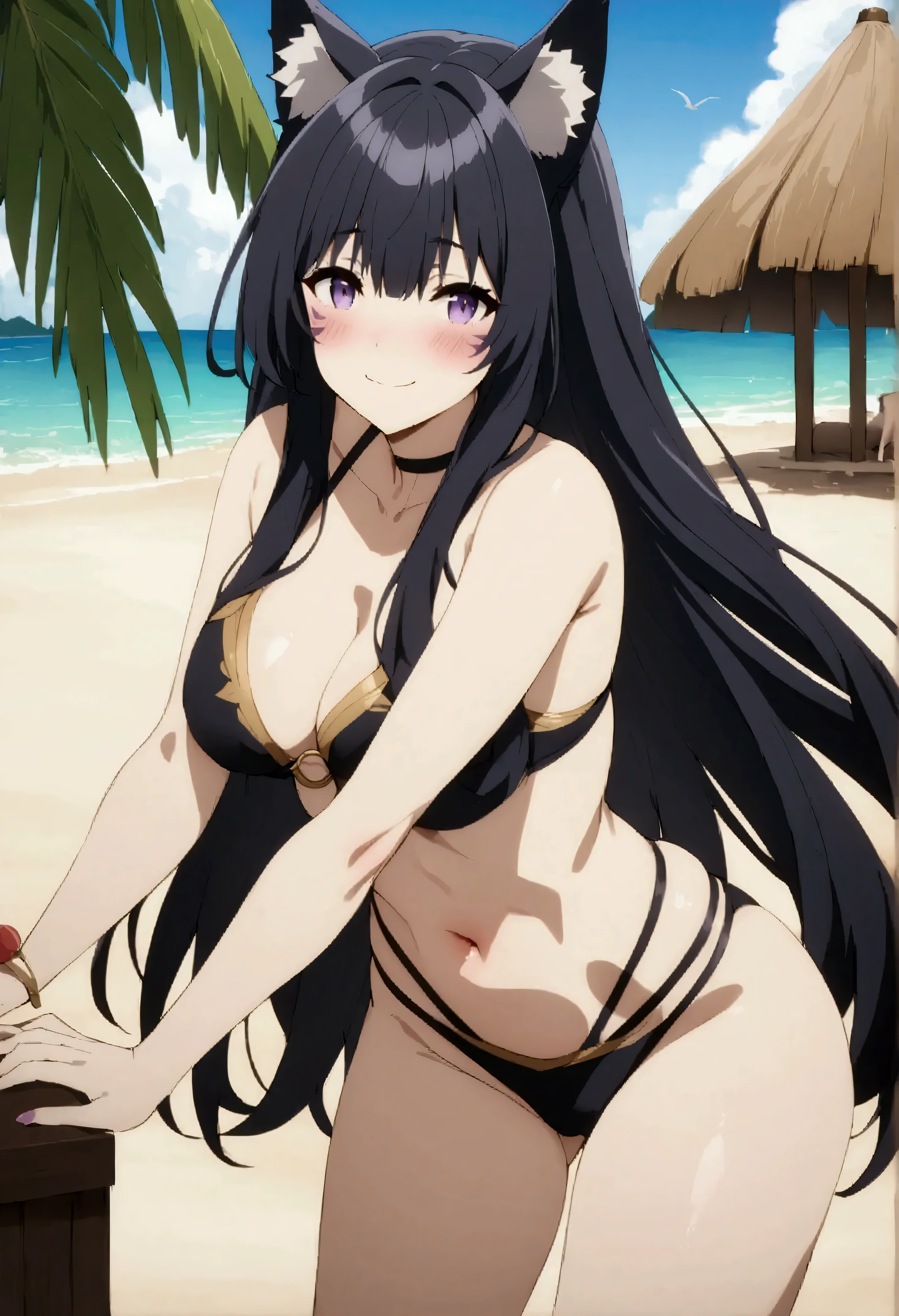 NSFW,masterpiece,Best Quality,High resolution,Very detailed,delta\(I want to be a powerful figure behind the scenes\),Long Hair、Black Hair、Animal ears、Purple Eyes、Cat ears、Animal earsの毛、Face mark、Swimwear,A happy smile,blush,beach,Palm trees