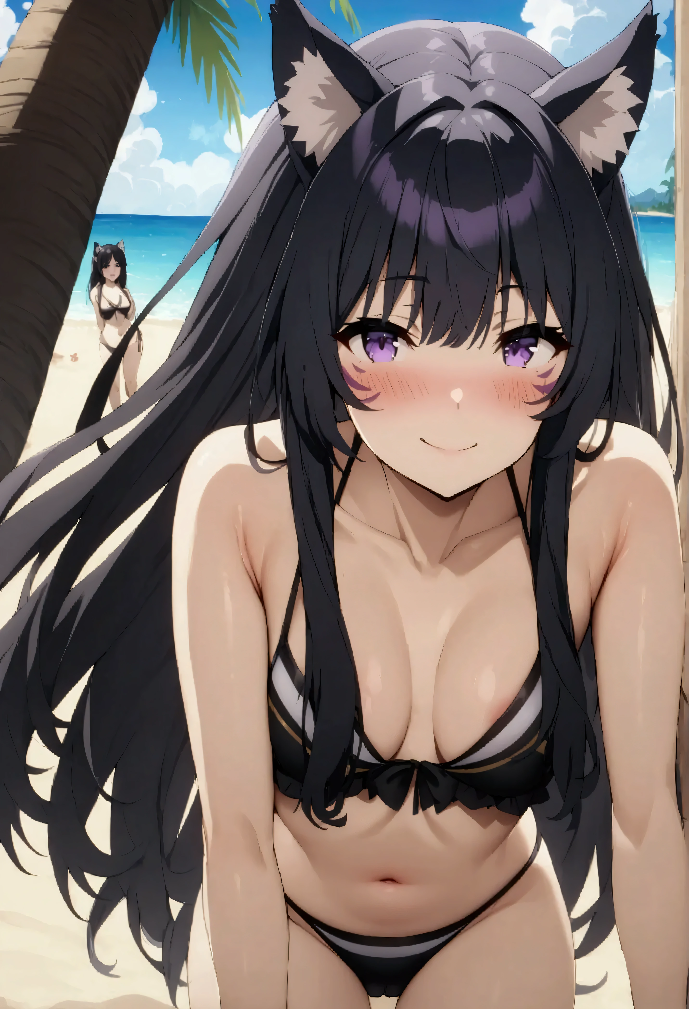 NSFW,masterpiece,Best Quality,High resolution,Very detailed,delta\(I want to be a powerful figure behind the scenes\),Long Hair、Black Hair、Animal ears、Purple Eyes、Cat ears、Animal earsの毛、Face mark、Swimwear,A happy smile,blush,beach,Palm trees