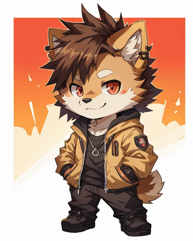 solo, High resolution, masterpiece, Shortcuts, Brown Hair, Spiky Hair, Earrings,smile, Red eyes, Anime Style, Look at, male, Shiba Inu, Chibi