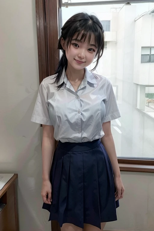 Draw in detail，Best Quality，8k，Japanese，High school girl，Short black hair，She has her bangs down，Big Breasts，Breast Tent，Student Uniform，Navy Blue Skirt，White dress shirt，A cheerful smile，beautiful girl，Her light blue bra is visible through the fabric，See-through bra