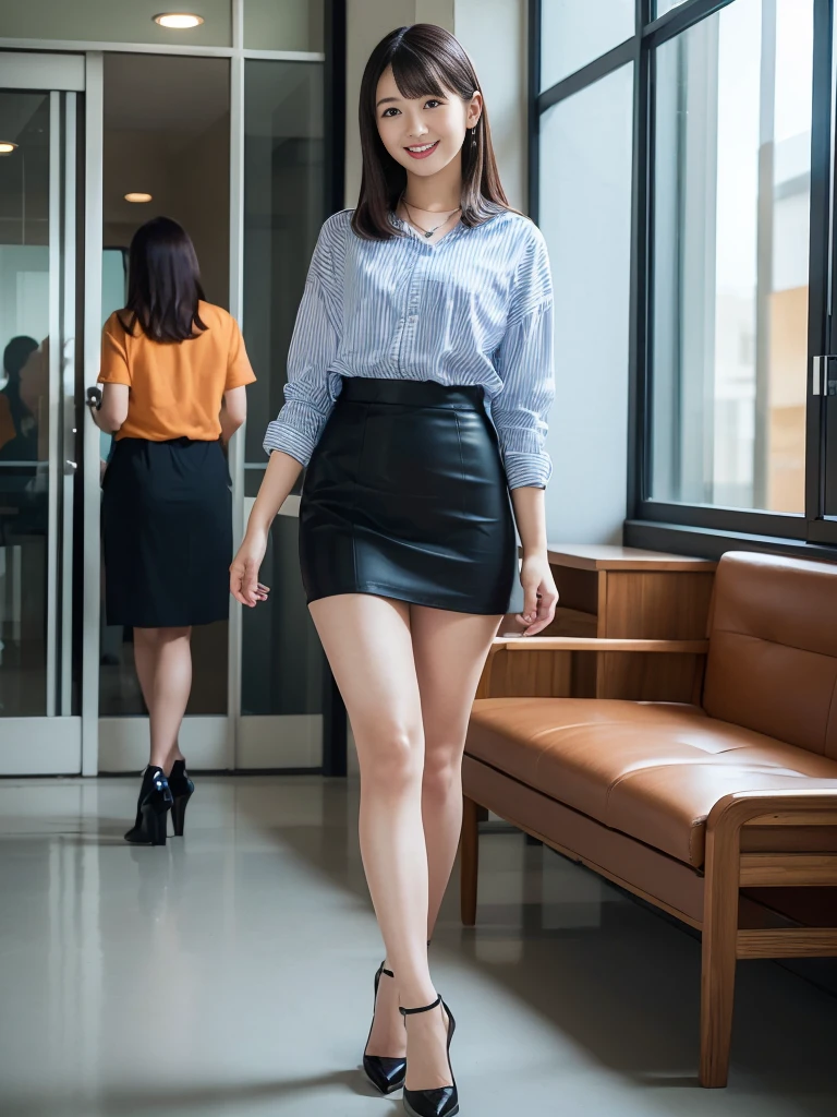A girl in her 20s with brown eyes, short haircut, in a red blouse and black pencil skirt, mid heels. A girl stands against the background of an office building