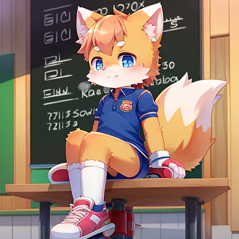 young furry fox cute white pink full pink nose blue eye sitting on a chair fresh freshness pink shoes hair covering one eye uniform youth background playground board skates 