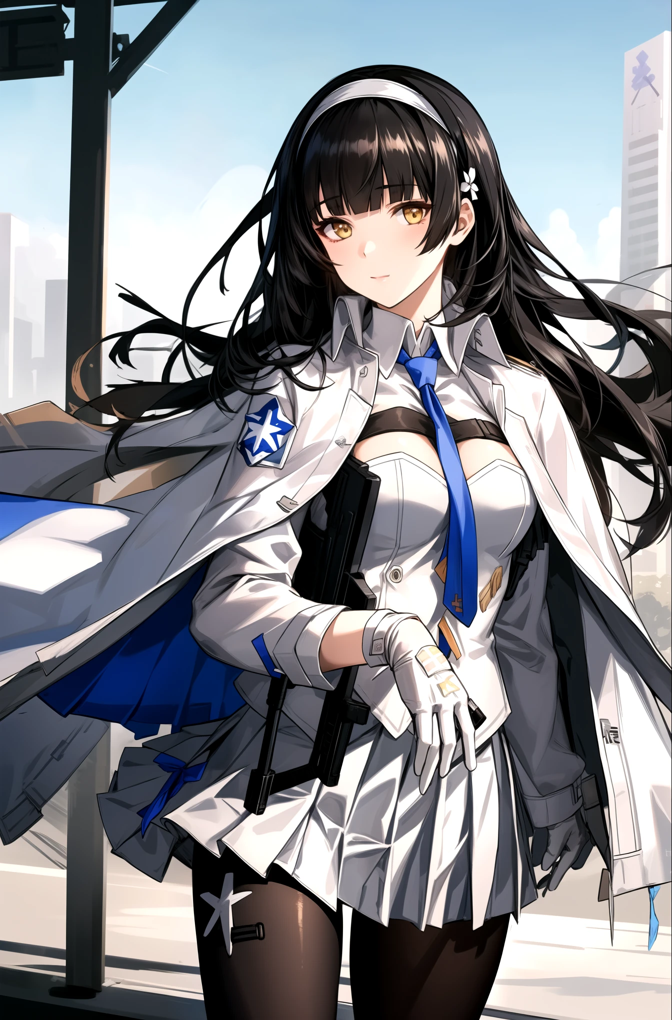 ultra-detailed,highly detailed,best quality,masterpiece,illustration,realistic,
type 95, 1girl, type 95 \(girls' frontline\), solo, 
long hair, hairband, black hair,  bangs, blunt bangs, 
shirt, white shirt, cape, white cape, skirt,pleated skirt, white skirt, gloves, white gloves,necktie,ribbon,  jacket, pantyhose, blue necktie, white hairband,
solo focus, looking at viewer, standing,
outdoors, nature, (Contemporary East Asian Cities in the Midst of War)
 