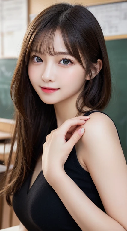 (masterpiece:1.3), high resolution, ultra detailed, extremely detailed CG unity 8k wallpaper, realistic, photo-realistic, RAW photo, beautiful detailed face, pale skin, realistic glistening skin, detailed cloth texture, detailed hair texture, Perfect body, Beautiful Face, accurate, Anatomically correct, Highly detailed face and skin texture, natural neck length, (beautiful hands), (fair skin:1.1), (well-aligned teeth:1.1), (Sweaty skin:1.2),
BREAK,
Detailed eyes, symmetric eyes, Light Brown eyes, Double eyelids, Thin eyebrows, (natural color lips:1.4), ((A face with waiting for a kiss:1.2)), (blush:1.1), (beautiful smile:1.1),
BREAK,
(A classy and Cute JK:1.3), (nude, nsfw, very erotic nipple:1.4),
BREAK,
medium large breasts, slender figure, firm abs,
((ponytail, black hair, bangs:1.2)), (cowboy shot:1.2), (looking at viewer), cowboy shot, From above,
BREAK,
(sitting on chair in the classroom:1.3),