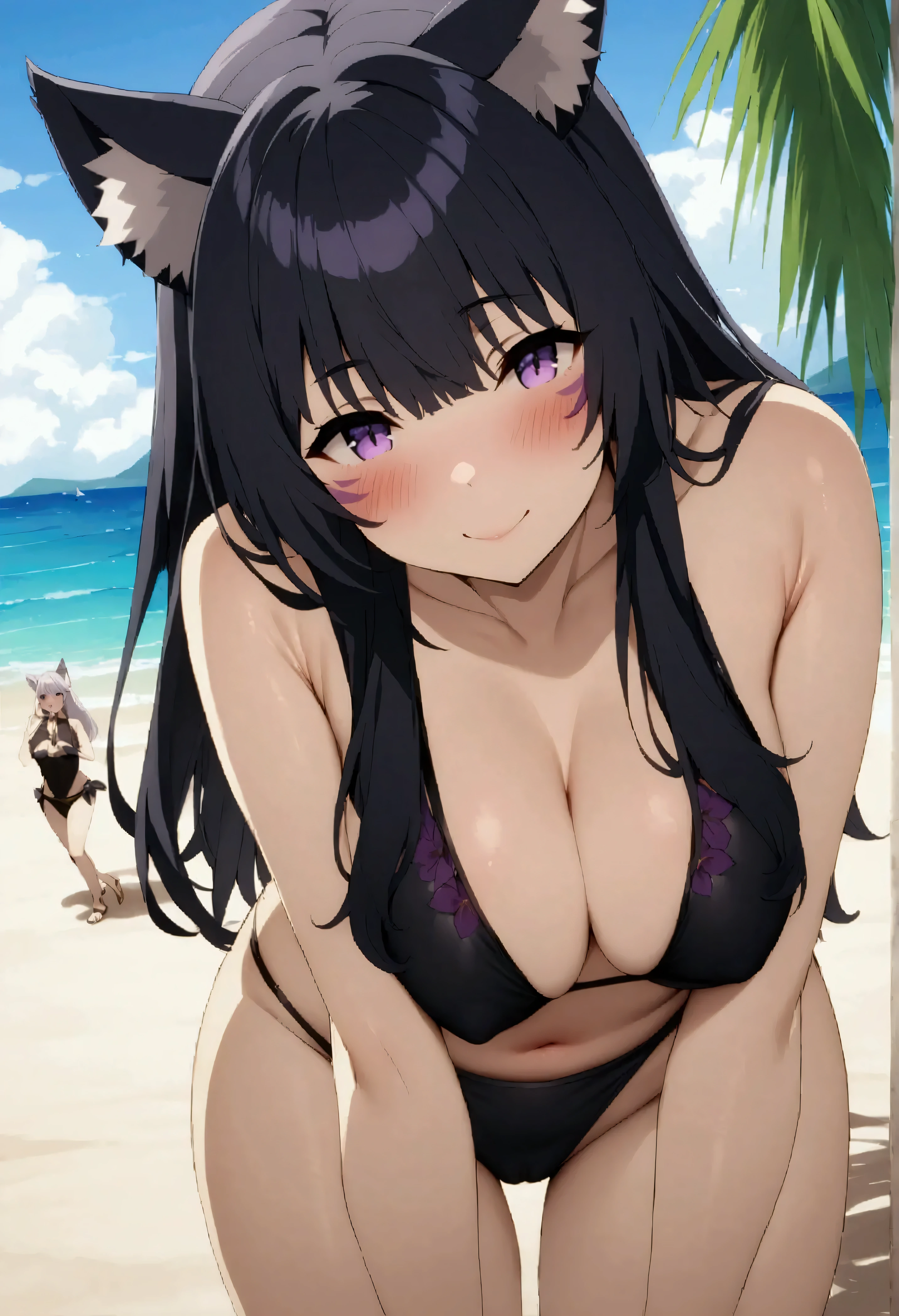 NSFW,masterpiece,Best Quality,High resolution,Very detailed,delta\(I want to be a powerful figure behind the scenes\),Long Hair、Black Hair、Animal ears、Purple Eyes、Cat ears、Animal earsの毛、Face mark、Swimwear,A happy smile,blush,beach,Palm trees