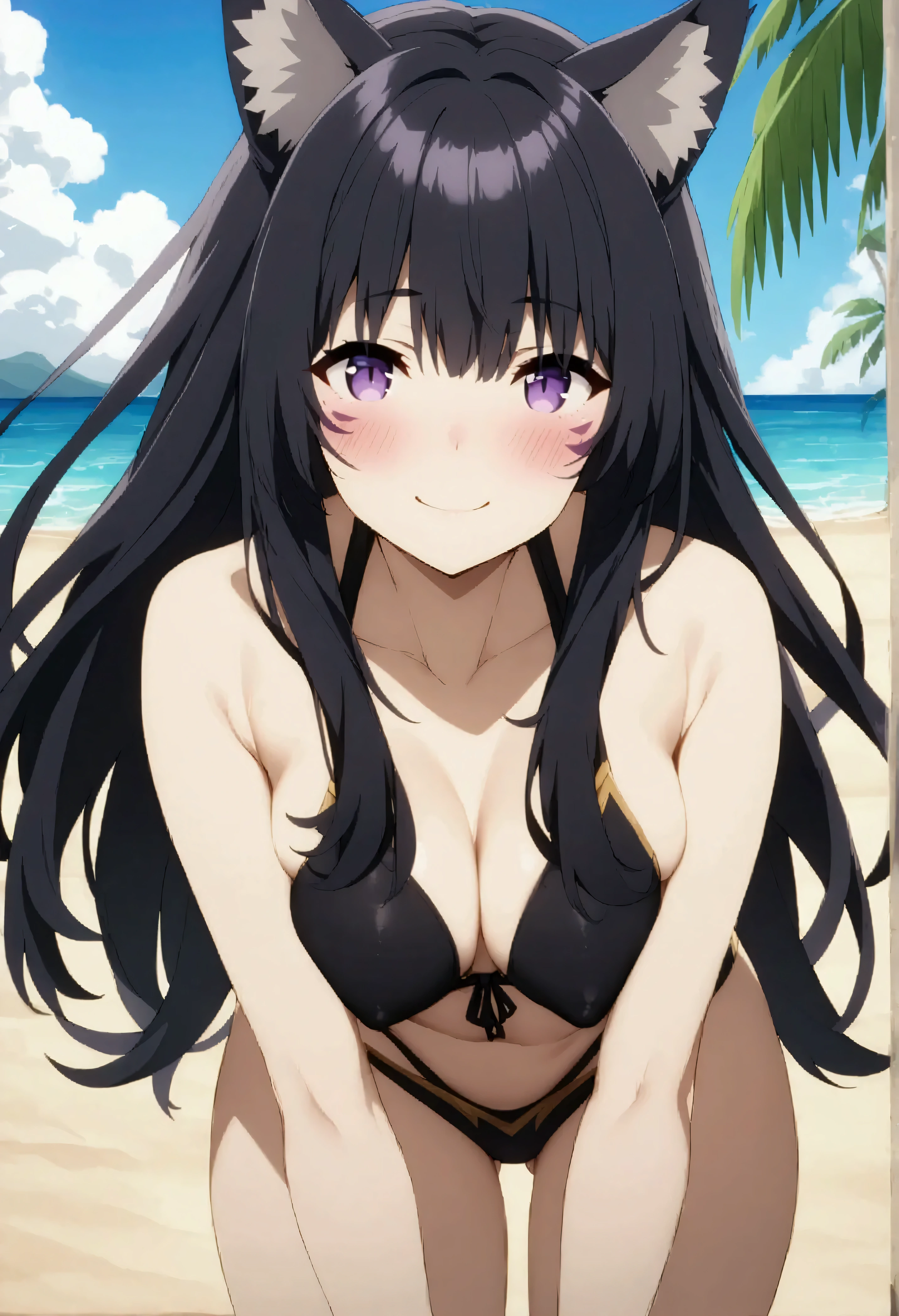 NSFW,masterpiece,Best Quality,High resolution,Very detailed,delta\(I want to be a powerful figure behind the scenes\),Long Hair、Black Hair、Animal ears、Purple Eyes、Cat ears、Animal earsの毛、Face mark、Swimwear,A happy smile,blush,beach,Palm trees