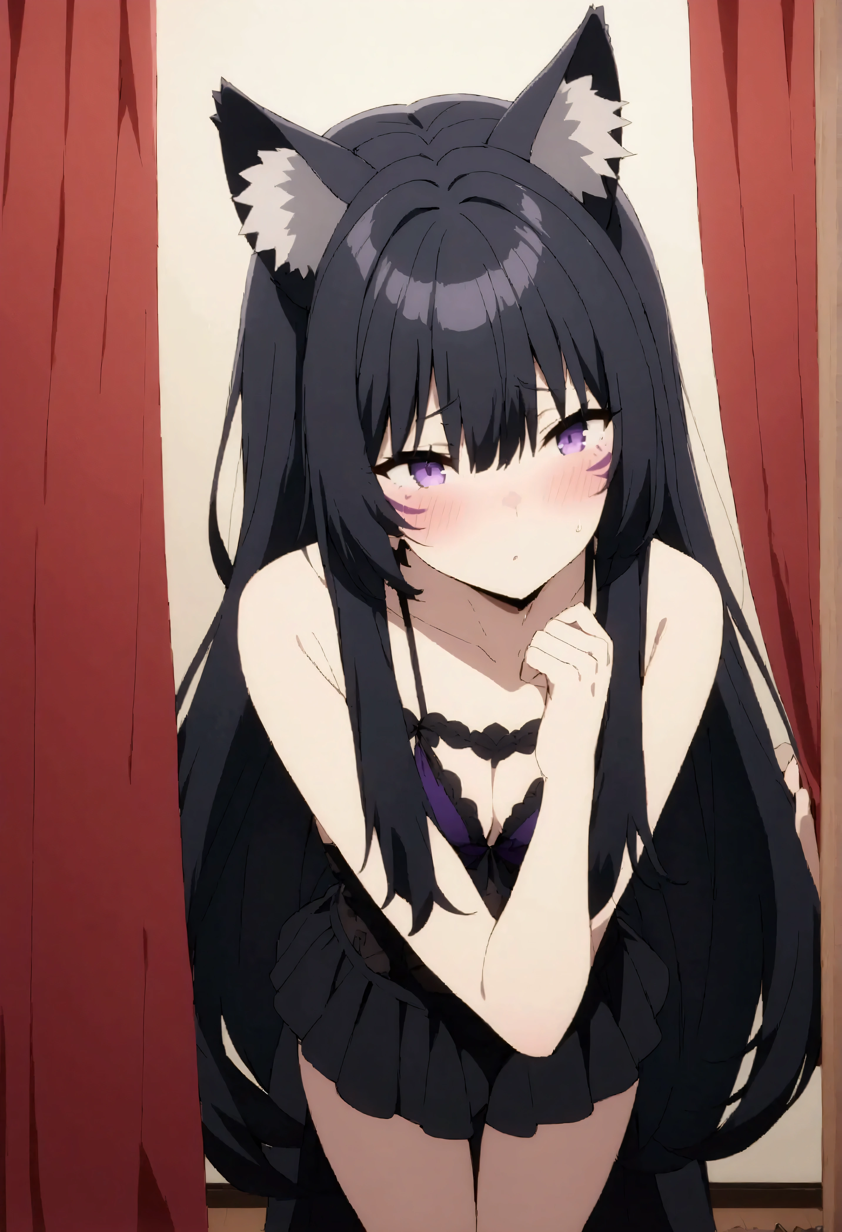 NSFW,masterpiece,Best Quality,High resolution,Very detailed,delta\(I want to be a powerful figure behind the scenes\),Long Hair、Black Hair、Animal ears、Purple Eyes、Cat ears、Animal earsの毛、Face mark、High-quality lingerie,Mysterious face,blush,Fitting Room,Small room,curtain