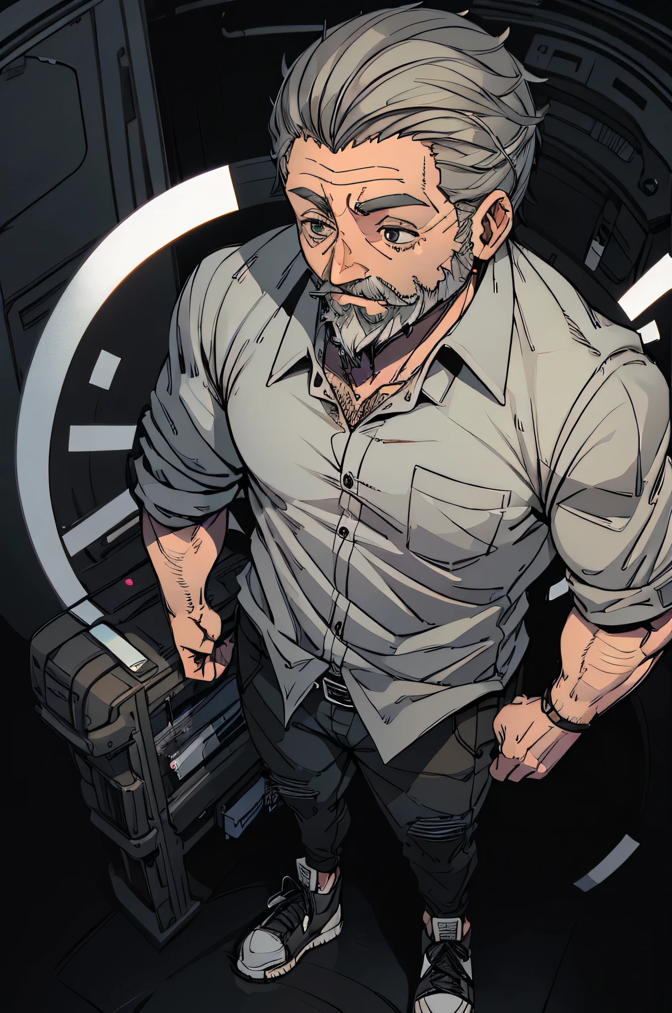 A 40 year old man, old, black beard, black-gray hair, wearing a plaid shirt, and jeans, full body