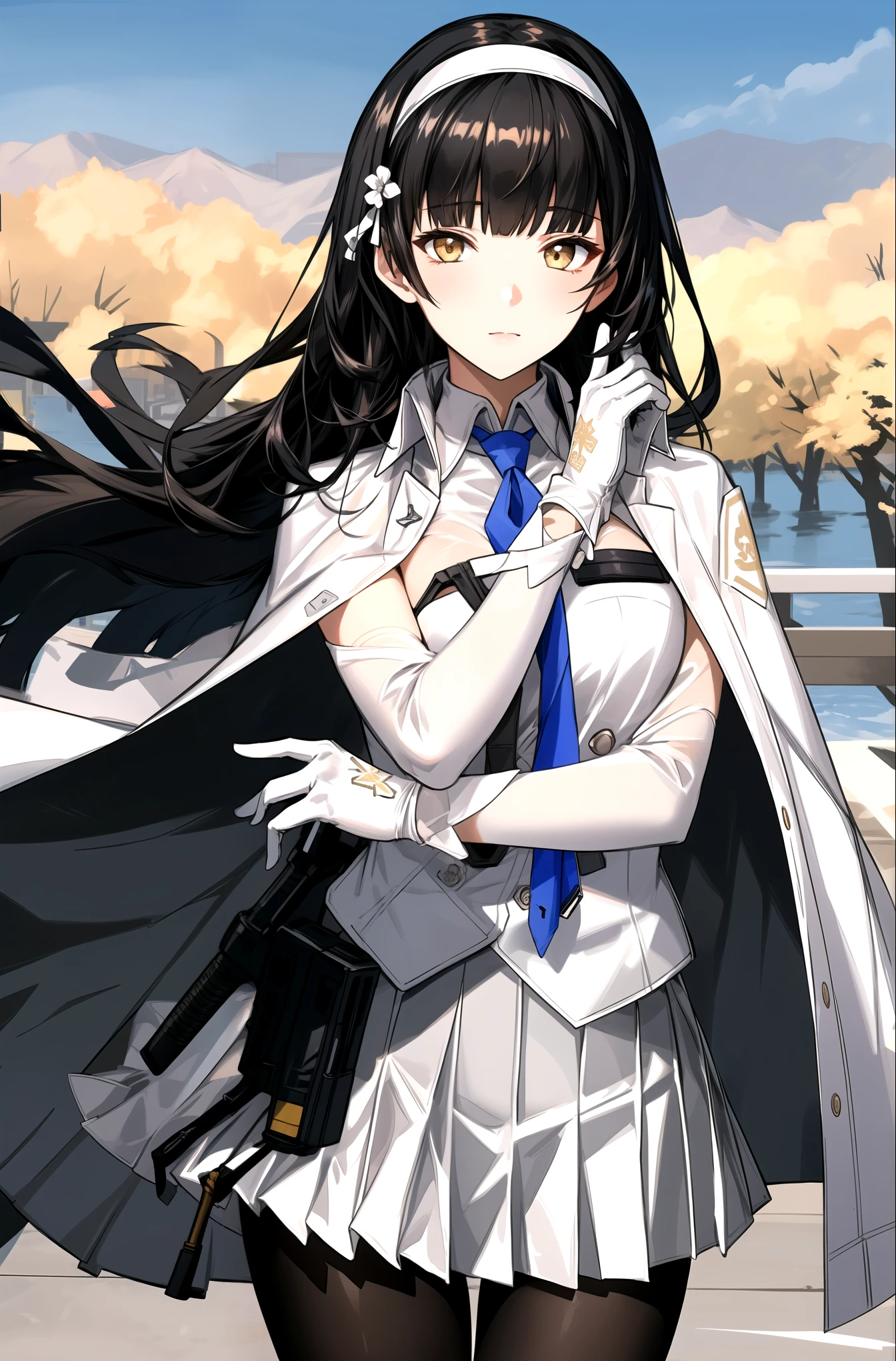 ultra-detailed,highly detailed,best quality,masterpiece,illustration,realistic,
type 95, 1girl, type 95 \(girls' frontline\), solo, 
long hair, hairband, black hair,  bangs, blunt bangs, 
shirt, white shirt, cape, white cape, skirt,pleated skirt, white skirt, gloves, white gloves,necktie,ribbon,  jacket, pantyhose, blue necktie, white hairband,
solo focus, looking at viewer, standing,
outdoors, nature, (Contemporary East Asian Cities in the Midst of War)
 ((empty-handed))