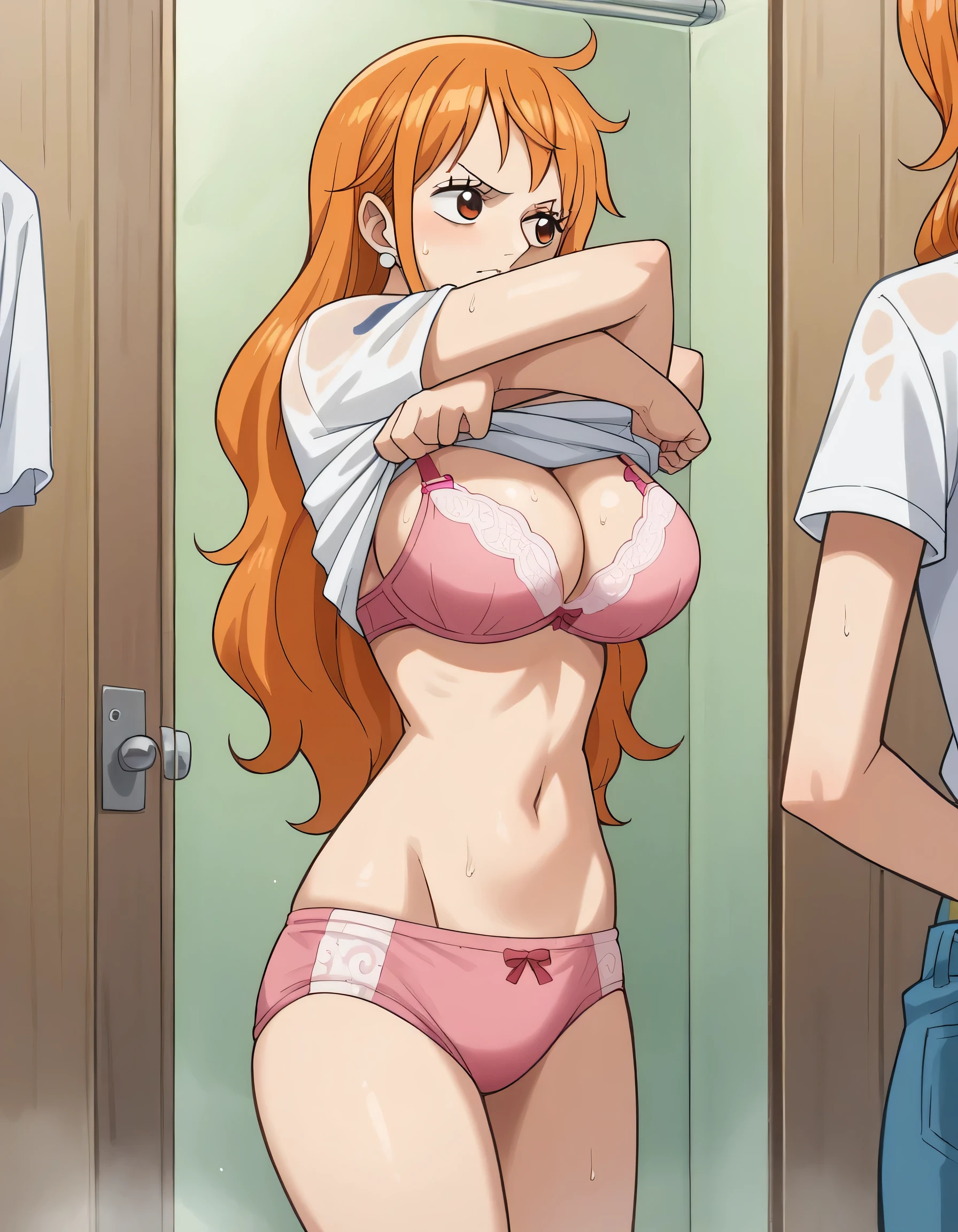 score_9, score_8_up, score_7_up, source_anime, best quality, clear face, Nami, orange hair, long hair, orange eyes, large breasts, perfect body, pink bra, pink pantie, underwear, navel, wash room, dressing place, looking away, white T-shirts, lift up clothes, clothes lift, undressing, thighs 