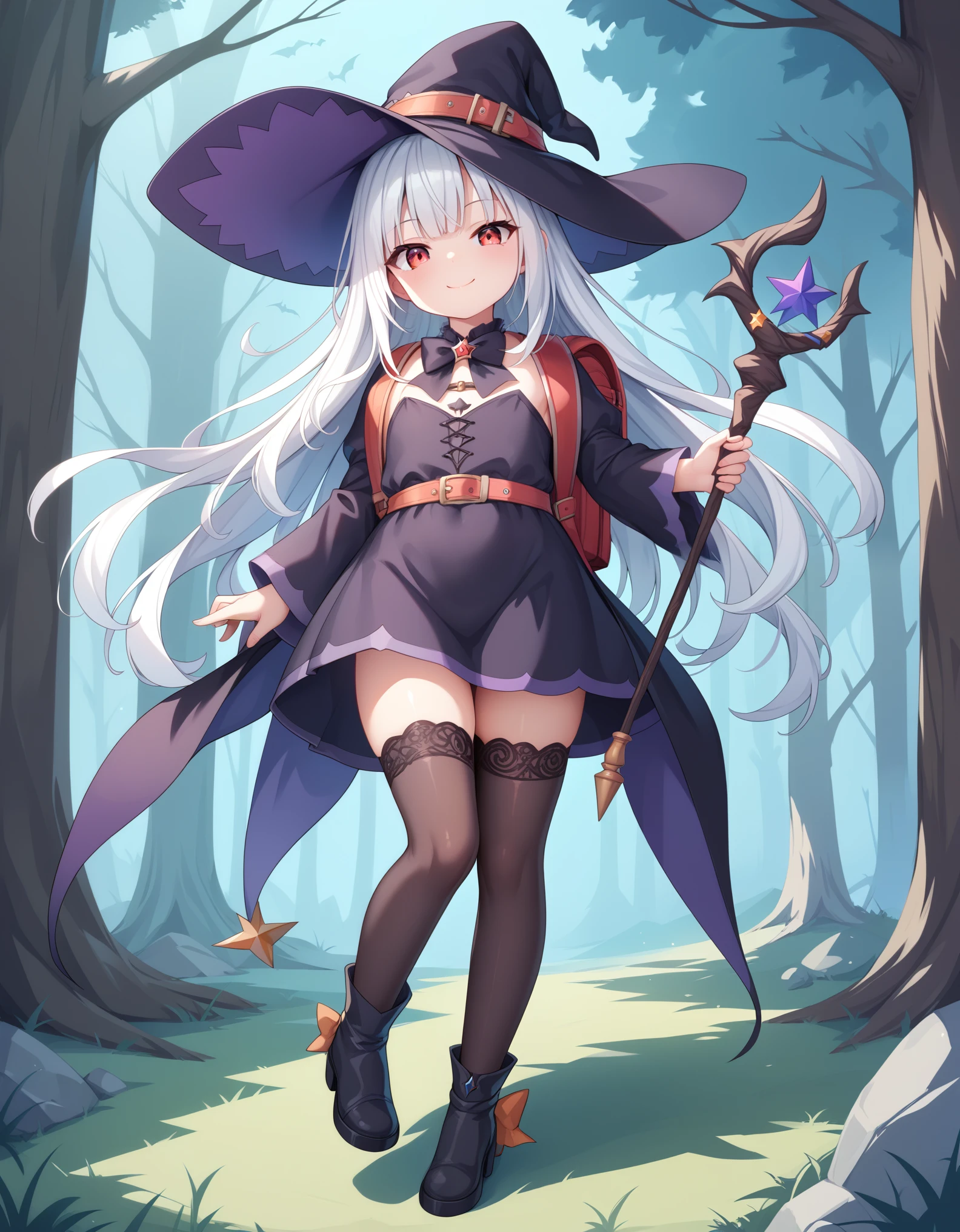 Masterpiece, hd, 2d, top-quality, full body, witch's hat, Belt to hat, white hair, long hair, Smooth straight hair,  smile, red eyes, a closed mouth, witch's robe, bowtie, Witch's Wand, outdoor, Petite,  , Witch's Boots, looking at viewer, contrasted, wearing randoseru backpack, (backpack:1.2), wearing thighhighs 