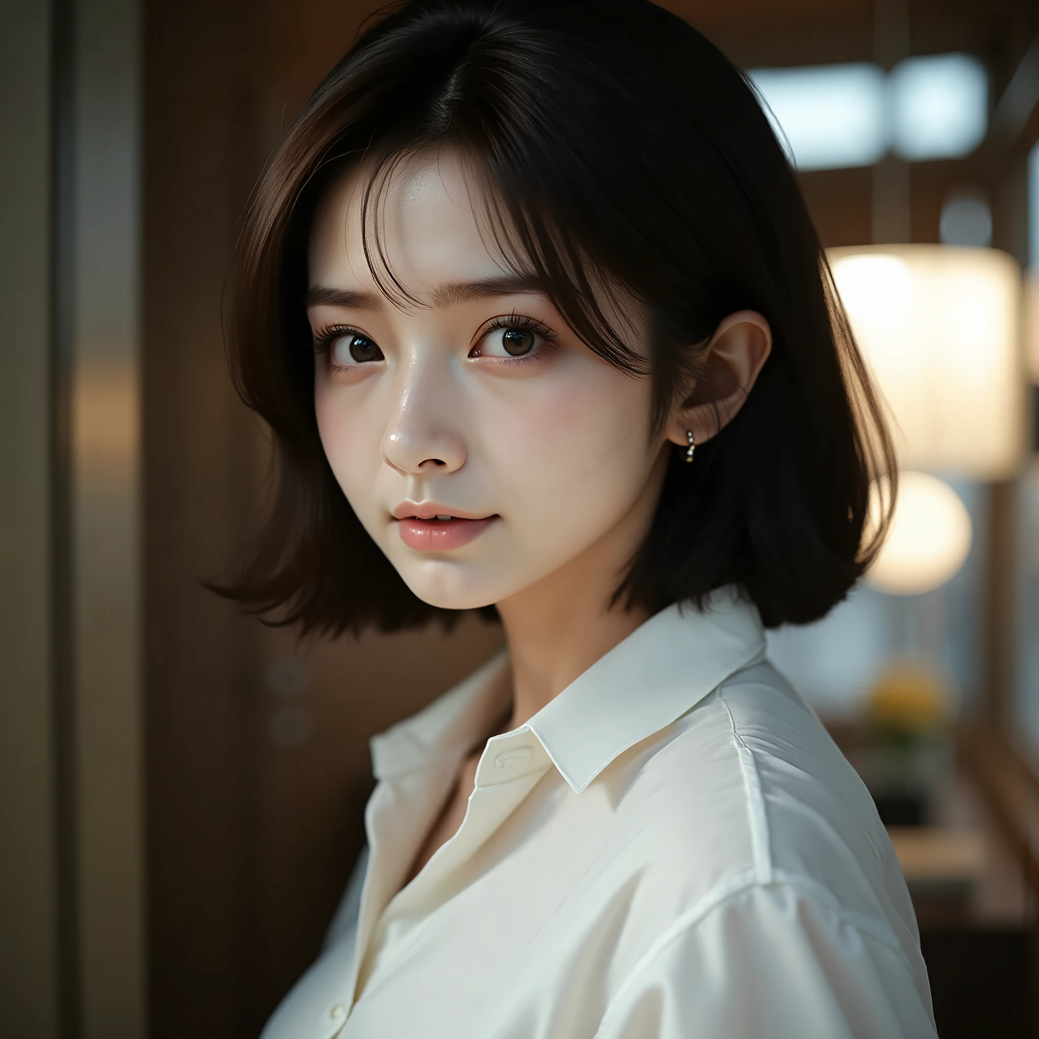 8k, Ultra-high reSolution, HigheSt quality, maSterpiece, Rule of thirds photograph,surreal, photograph, 1 girl, (:1.3), pretty girl, Cute Face, Beautiful eyeS in every detail, Detailed,maSterpiece,one perSon'S:1.2,Japan Female Announcer,Upper Body,Irritation,Black Short hair,MeSSy Hair,White collared Shirt,Pencil Skirt, look forward to, Standing poSture, OppoSition, Dynamic Lighting,Hotel RoomS、 Sharp contourS, Light from above, Low contraSt, (Side view),Perfect and beautiful face ,Perfect and cute face, Skin with attention to detail, Perfect limbS、Tight waiSt,Looking at the audience,(((Ideal body type))),A-cup Small breaStS :2,Portraiture:2,Perfect Anatomy,Vividly detailed,detailed,surreal,Light and Shadow, darkness