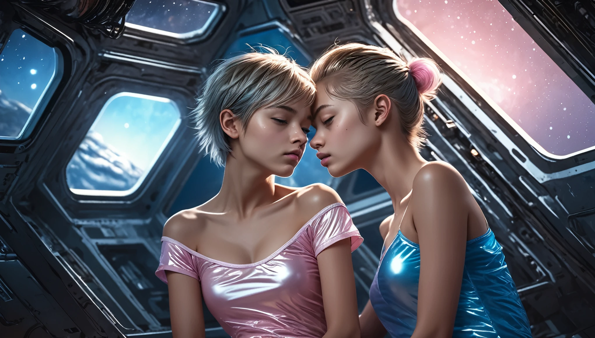 Top Quality, Masterpiece, High Resolution, 8k, wide objective, full body shot, ((r, barely legal)), ((2 cute girls kissing in a wide open light pink blue shiny puffer with plunging cleavage, short sleeves, off shoulder, small perky breasts, extremely detailed face, beautiful detailed closed eyes, beautiful detailed lips, pixie side shaved hair, small hips)), in a spaceship, wide view, intricate details, at night, dim light, moody atmosphere, dramatic colors, full body shot, view from side