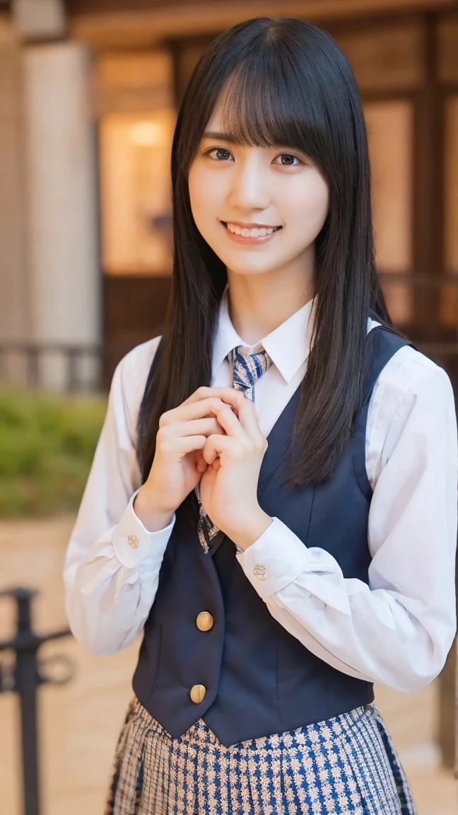 One Girl,Checked Skirt,Navy blue vest,tie,(RAW Photos, Best Quality),,(moonlight:1.4),,(Realistic, photo-Realistic:1.2), ,((23years old):1.6),(Petite body:1.2),,masterpiece,Young ,Very delicate and beautiful, 非常にdetailed, 2k, wonderful, detailed, 非常にdetailed 8k , 非常にdetailed, High resolution, Moody lighting, 美しいdetailedな***, 非常にdetailed eyes and face, Beautiful and detailed nose, Attention to beautiful details,whole body,Perfect Anatomy,Slender body,(Long hair with bangs),sexy,whole bodyのポートレート,