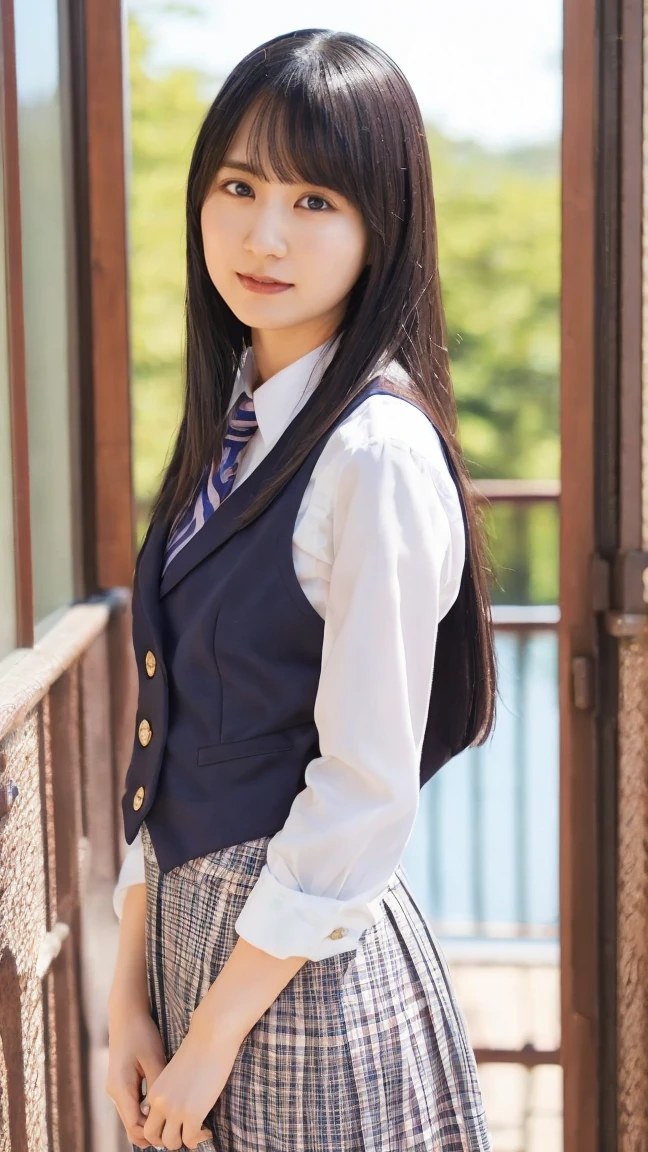 One Girl,Checked Skirt,Navy blue vest,tie,(RAW Photos, Best Quality),,(moonlight:1.4),,(Realistic, photo-Realistic:1.2), ,((23years old):1.6),(Petite body:1.2),,masterpiece,Young ,Very delicate and beautiful, 非常にdetailed, 2k, wonderful, detailed, 非常にdetailed 8k , 非常にdetailed, High resolution, Moody lighting, 美しいdetailedな女の子, 非常にdetailed eyes and face, Beautiful and detailed nose, Attention to beautiful details,whole body,Perfect Anatomy,Slender body,(Long hair with bangs),sexy,whole bodyのポートレート,