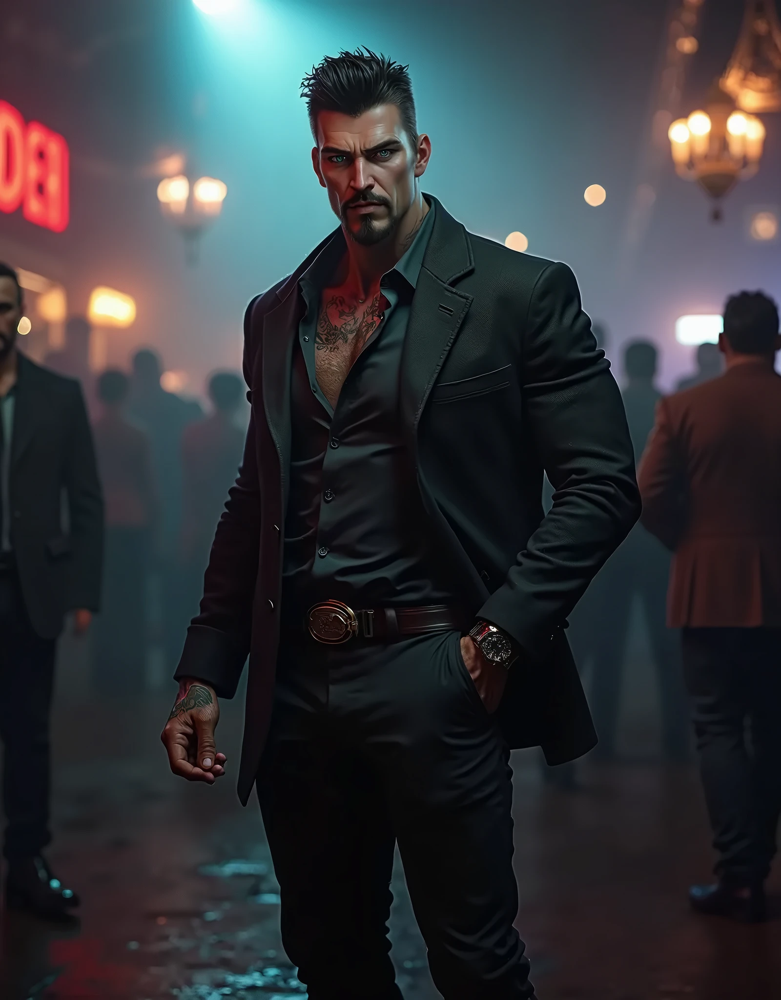 Tattooed male, man, shaved head, pointy mustache soul pach,(visinle, red glasgow smile scars) toll, slim fith, long leather coat, leather pants no shirt, black eye make up, summer night passing bi the club, line of hot,girls waiting to get in