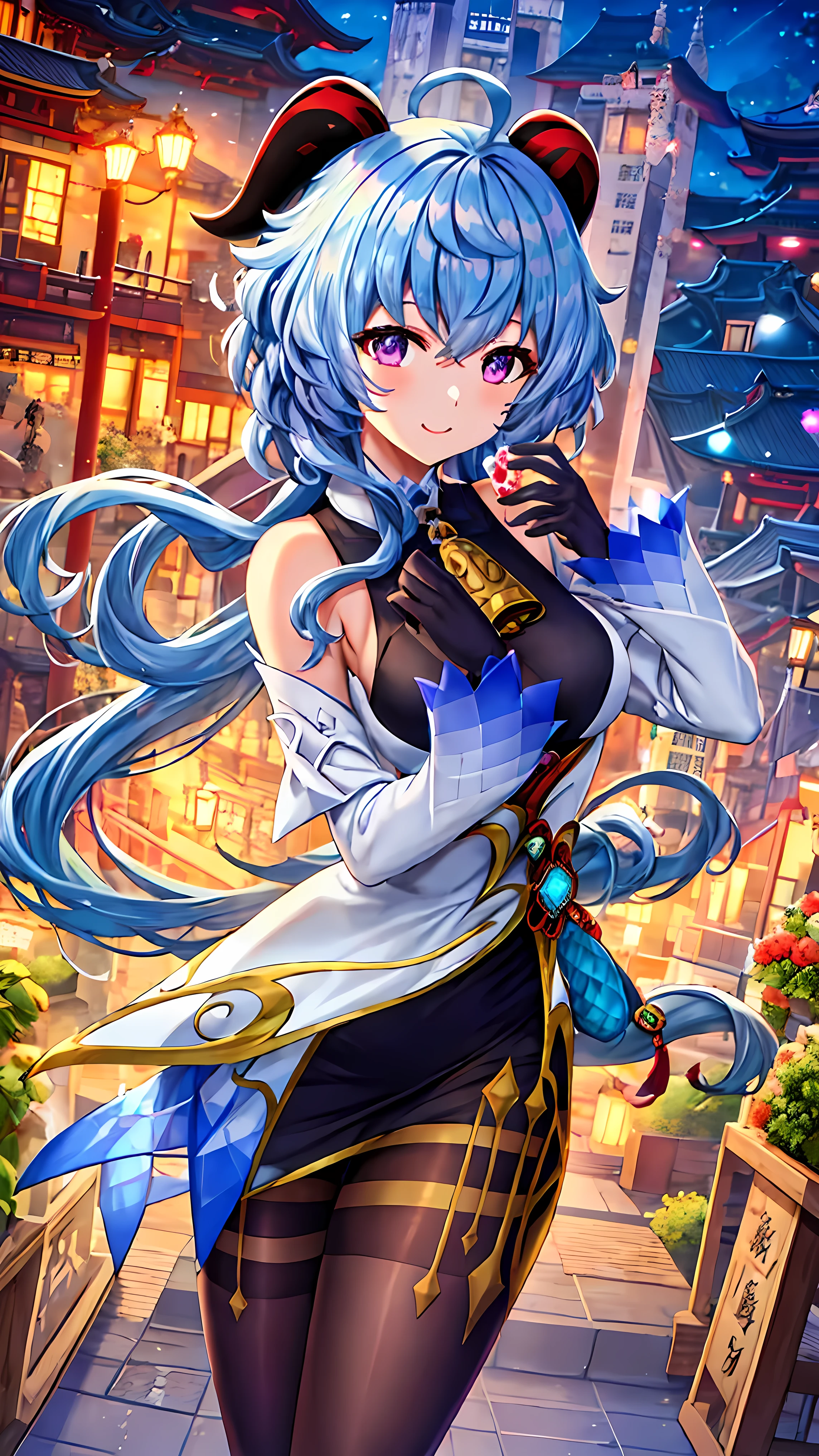 ganyu \(genshin impact\), Blue Hair, Length hair, Purple eyes, bangs, Seraph of the Black, Cardigan,
Break Shiny Eyes, Beautiful Eyes, Enchanting, Erotic, Shiny skin, break outdoors,
break looking at viewer, (whole body:1.5), smile,Composition from below, Thighs, sexy, From the front, Red cheeks, smile,
break (masterpiece:1.2), Best Quality, High resolution, unity 8k wallpaper, (figure:0.8), (Beautiful Fine grain:1.6), Highly detailed face, Perfect lighting, Highly detailed CG, (Perfect hands, Perfect Anatomy)
break ((masterpiece,Best Quality)), Super detailed, Shine, Shine, Ray Tracing, (Perfect Face, Detailed face, Fine grain, Perfect hands, Perfect Fingers:1.5), HD, Super cute face, Best Quality, Super detailed, break Shine目, break (Best Quality Photorealistic Illustrations), (Super Fine), (Cute illustrations:1.3), (High chroma:1.3),
break Detailed beautiful face and eyes, Dynamic lighting, (Very delicate and beautiful),
break (Nice hands), (Perfect hands:1.4), Highly detailed illustration, Super cute and beautiful, Best Quality, slender, small,,
break (Complex background, There are many elements in the background:1.2), Portraiture, Standing, Cafe, table, blackboard, Depth of written boundary, Particles of light,((Super detailed background)), ((8K wallpaper)),