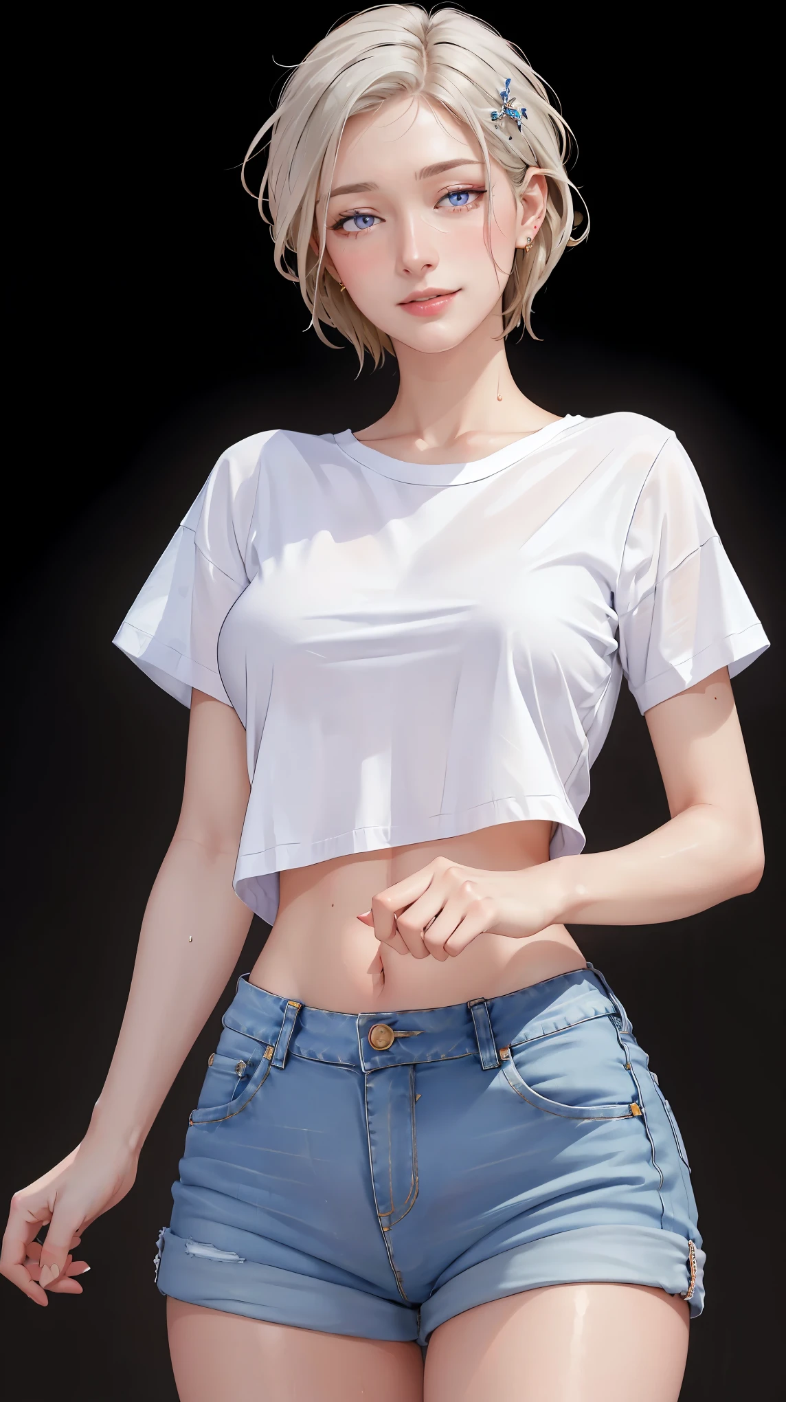 ((((masterpiece, best quality, high resolution)))), Extremely detailed 8K, Beautiful girl with voluptuous body, (Ultra HD, Ultra-detailed, Highly detailed, Highly realistic, Ultra-realistic, photograph realistic), (1girl:1.5), (Realistic white hair), (short silky hair, hair ornaments, earrings), (dynamic poses), facing at camera, looking at viewer, (blushing red, embarrassed, exhausted, smile), (violet eyes, sharp eyes), (medium perky breasts:1.2), (wide hips:1.2), (beautiful detailed face, beautiful detailed eyes), ((white cropped t-shirt, jeans shorts)), (detail pussy), (standing up), sweat, glow, ((cowboy shot)), (nightlight), (simple background), seductive