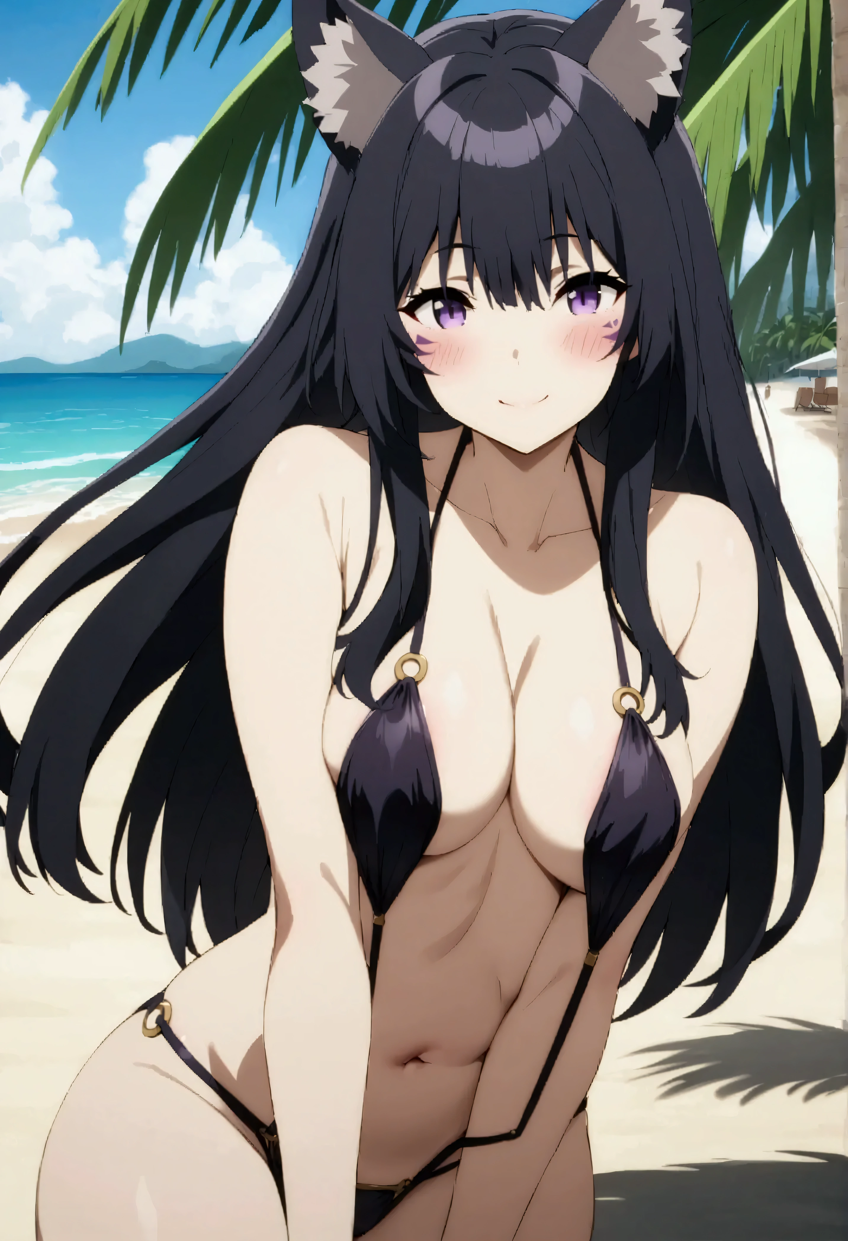 NSFW,masterpiece,Best Quality,High resolution,Very detailed,delta\(I want to be a powerful figure behind the scenes\),Long Hair、Black Hair、Animal ears、Purple Eyes、Cat ears、Animal earsの毛、Face mark、slingshot bikini,A happy smile,blush,beach,Palm trees