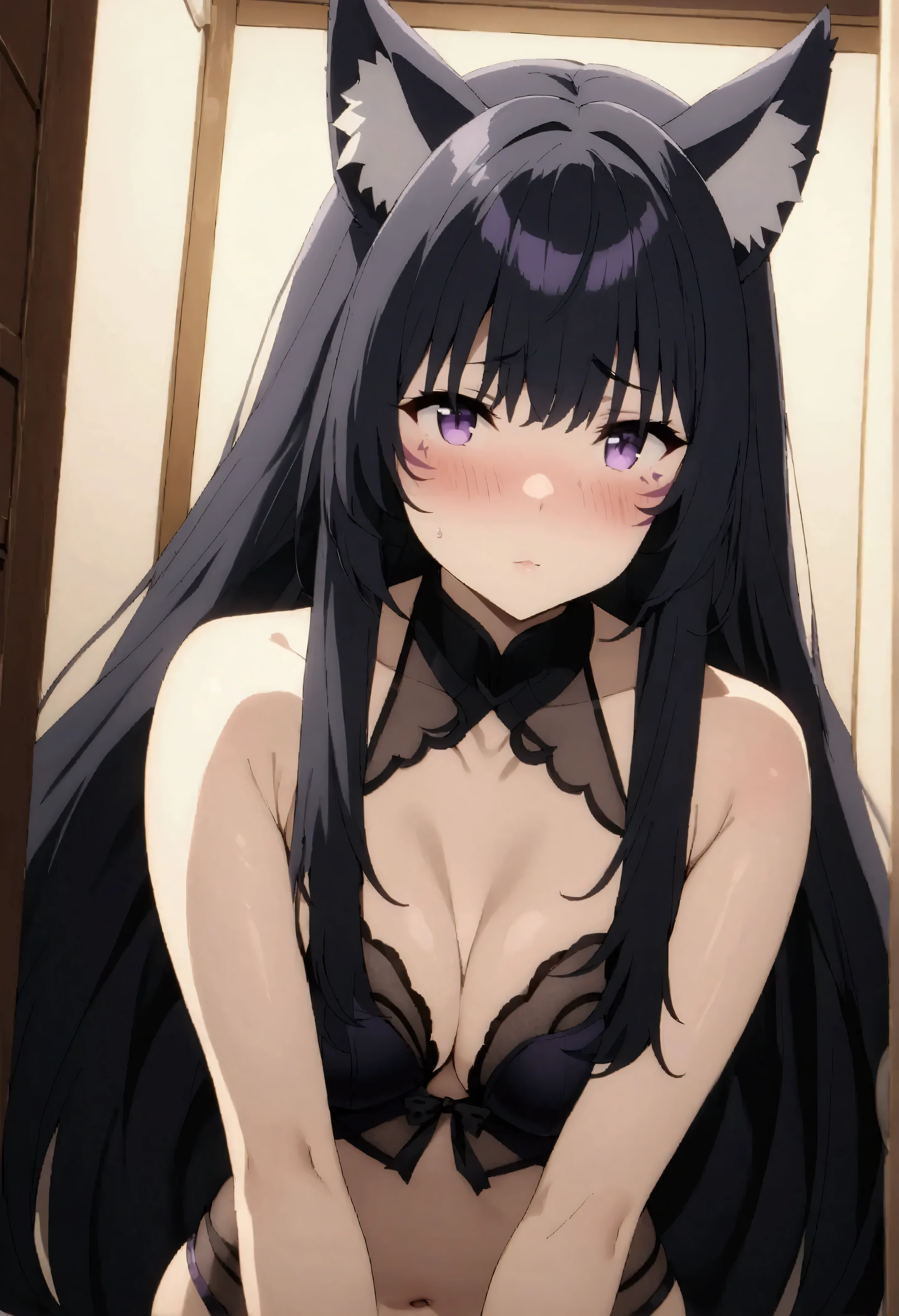 NSFW,masterpiece,Best Quality,High resolution,Very detailed,delta\(I want to be a powerful figure behind the scenes\),Long Hair、Black Hair、Animal ears、Purple Eyes、Cat ears、Animal earsの毛、Face mark、High-quality sexy lingerie,Mysterious face,blush,Fitting Room,Small room,curtain