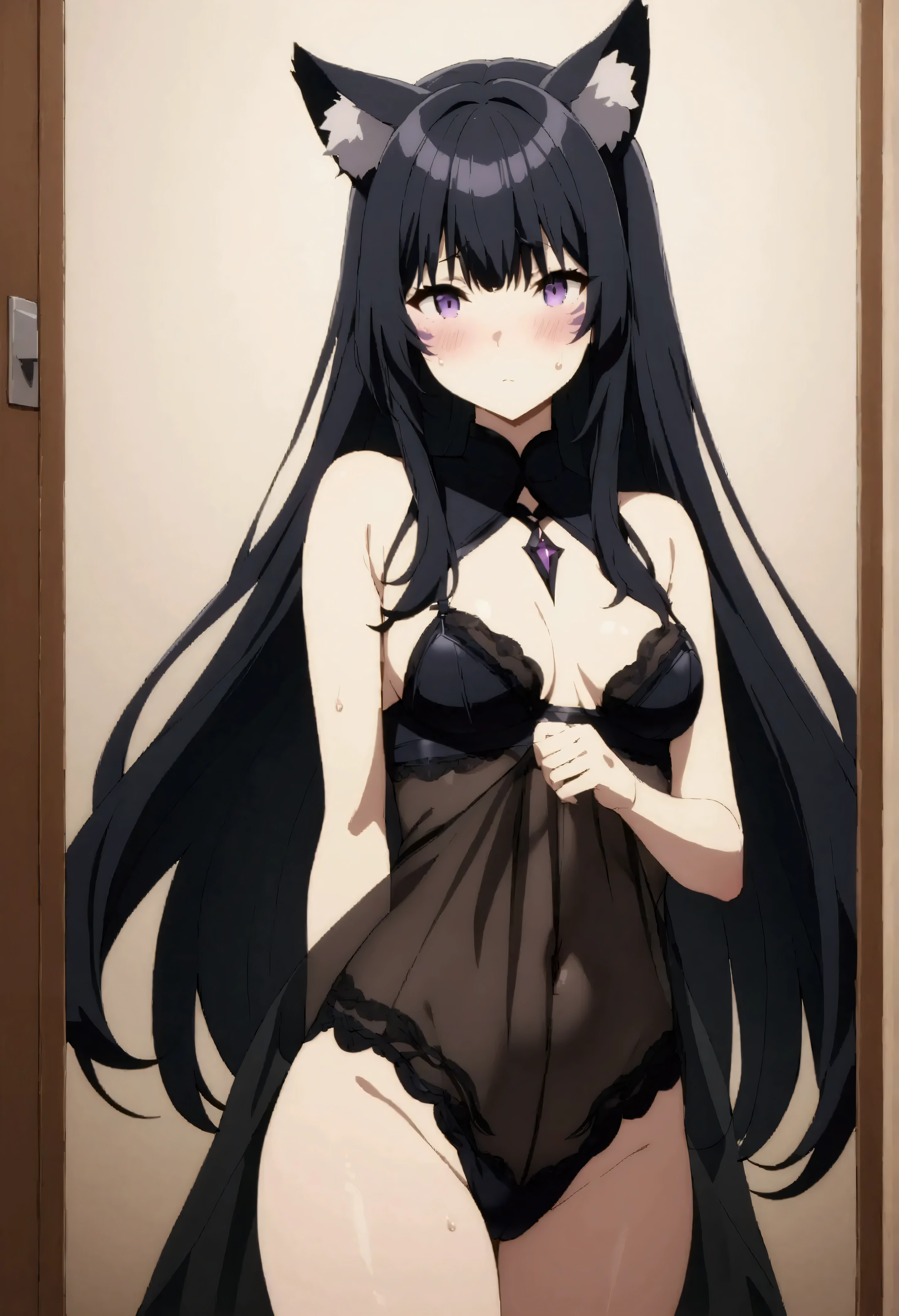 NSFW,masterpiece,Best Quality,High resolution,Very detailed,delta\(I want to be a powerful figure behind the scenes\),Long Hair、Black Hair、Animal ears、Purple Eyes、Cat ears、Animal earsの毛、Face mark、High-quality sexy lingerie,Mysterious face,blush,Fitting Room,Small room,curtain