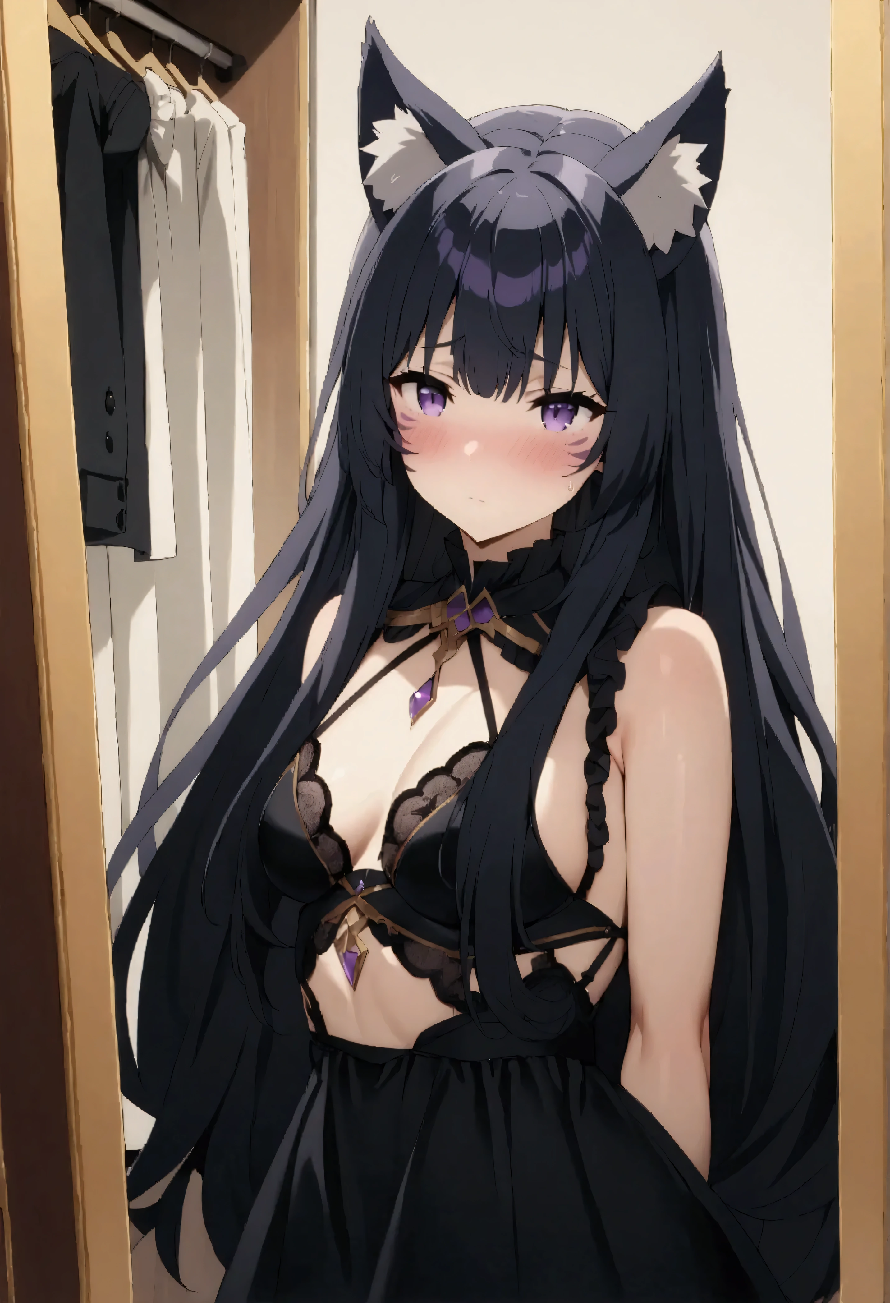 NSFW,masterpiece,Best Quality,High resolution,Very detailed,delta\(I want to be a powerful figure behind the scenes\),Long Hair、Black Hair、Animal ears、Purple Eyes、Cat ears、Animal earsの毛、Face mark、High-quality sexy lingerie,Mysterious face,blush,Fitting Room,Small room,curtain