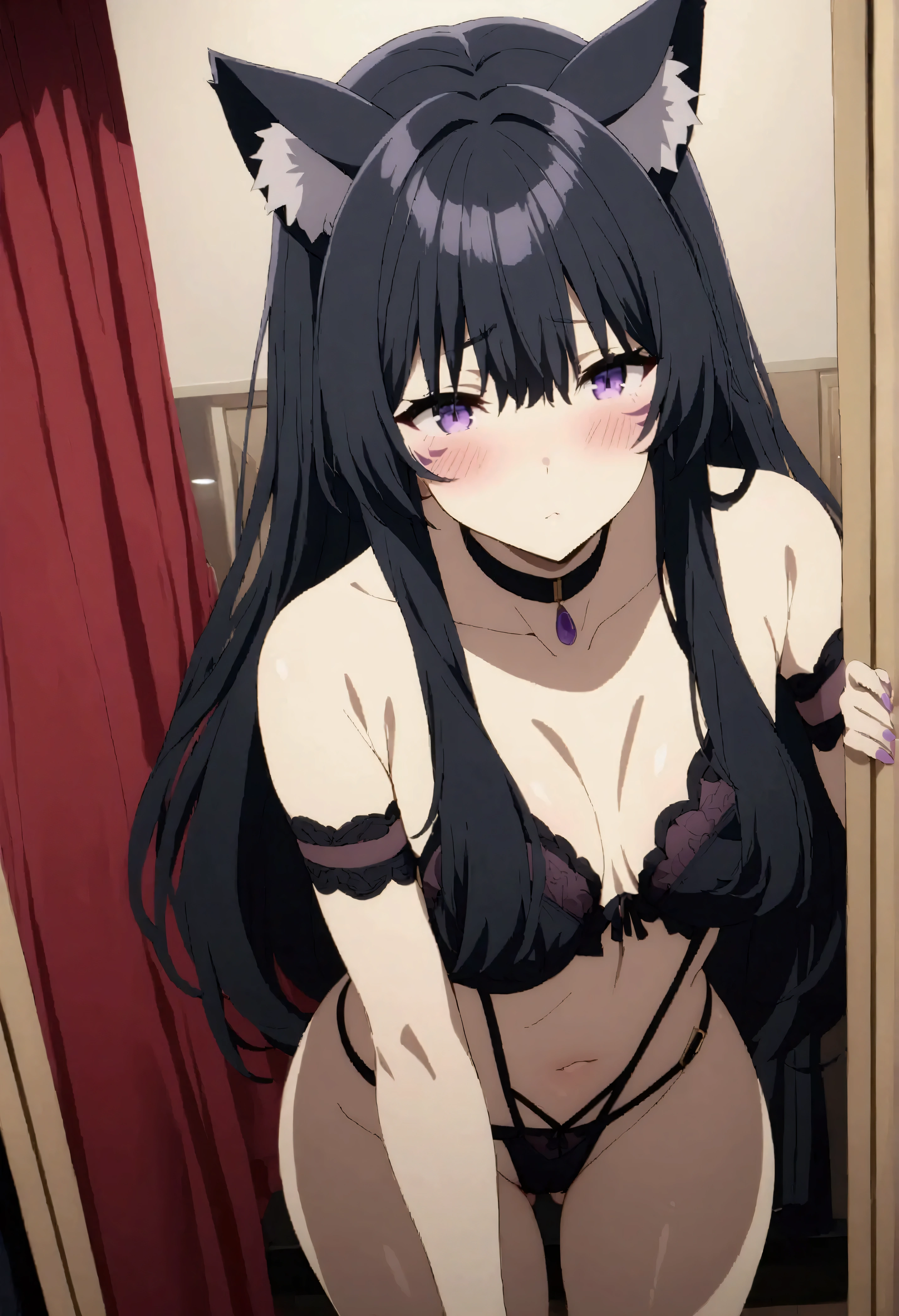 NSFW,masterpiece,Best Quality,High resolution,Very detailed,delta\(I want to be a powerful figure behind the scenes\),Long Hair、Black Hair、Animal ears、Purple Eyes、Cat ears、Animal earsの毛、Face mark、High-quality sexy lingerie,Mysterious face,blush,Fitting Room,Small room,curtain