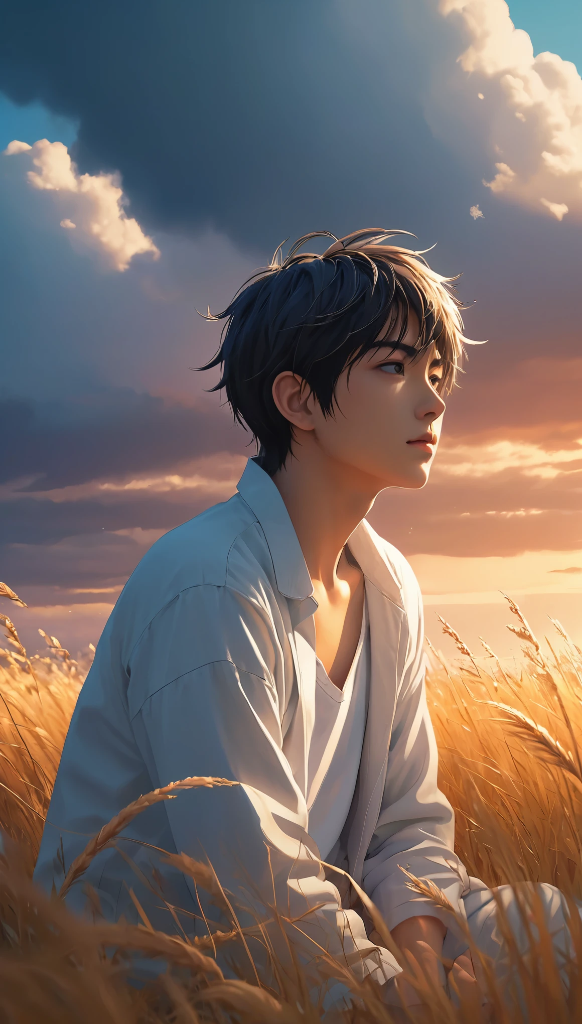 (minimalism: 1.4), a boy sitting in an autumn meadow tall grasses, makoto shinkai cyril rolando, anime art 4k wallpaper, anime art 4k wallpaper, animated background, anime art 8K wallpaper, art anime background, anime landscape wallpaper, amazing wallpaper, HD wallpaper, 4k anime wallpaper, 4k anime wallpaper, Aries Moross art, Bob Byerley art, AshleyWoodArtAI, rainstorm greg rutkowski Hurricane Max Clouds Dauthendey, by James Gurney, Stormy day, Skies Greyish-white stormy storms, sunset Stylized storm from Studio Ghibli, Miyazaki, Makoto Shinkai!!, Anime movie background Best quality SeaArt HD