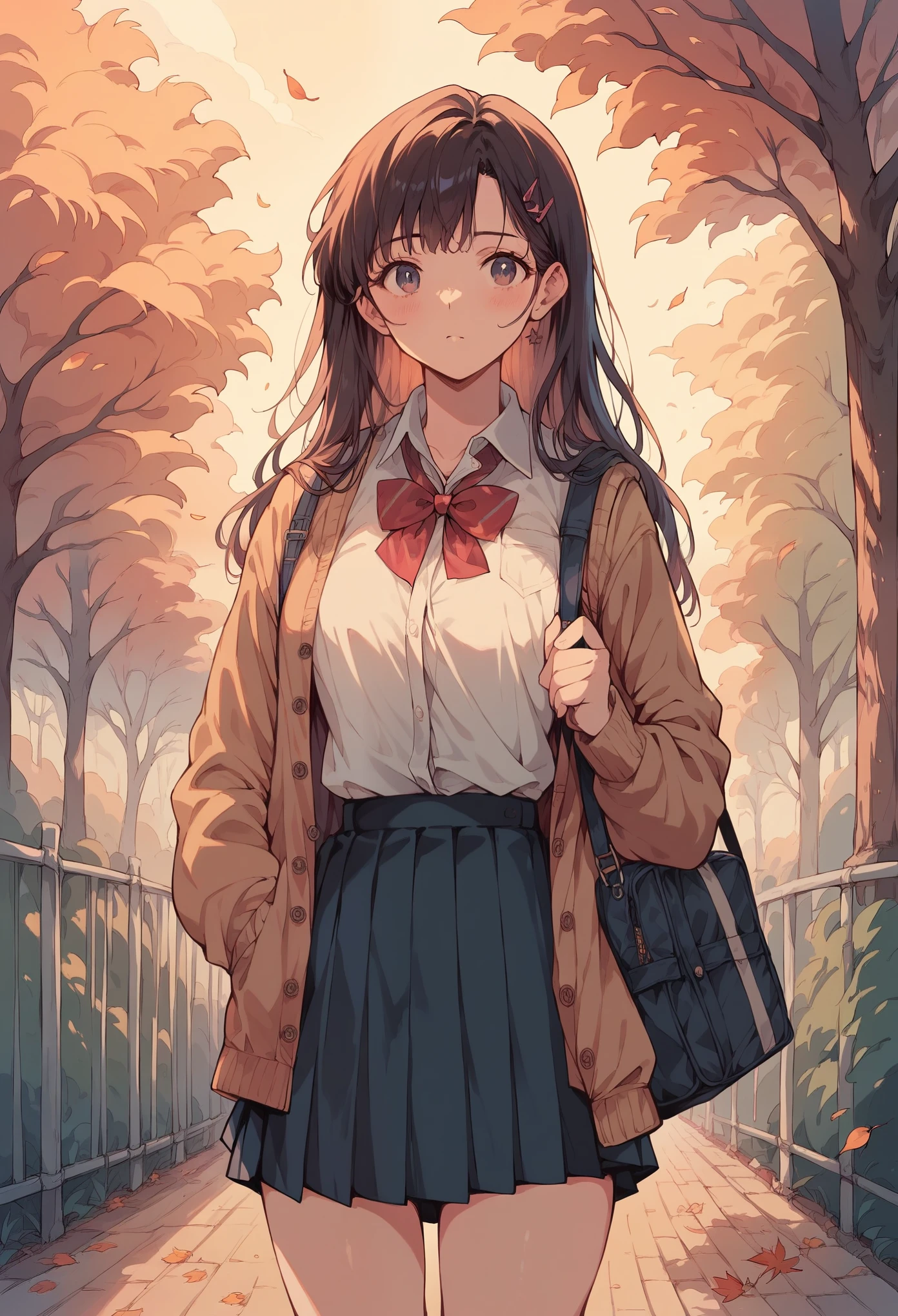 (masterpiece, best quality, high resolution),
1 Girl, autumn, high school student, uniform, warm colors, going to school, detailed background