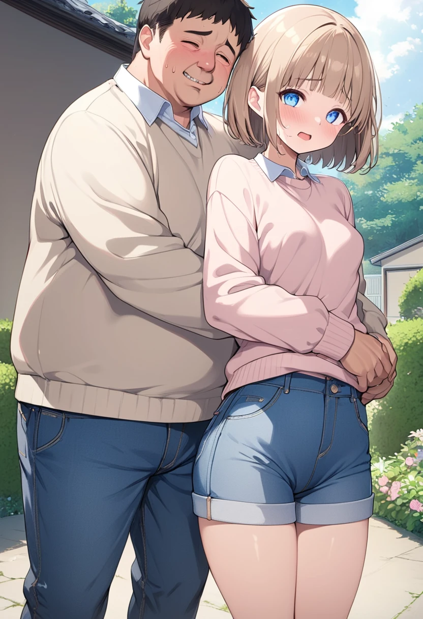 Viewer discretion advised、masterpiece、Ultra-high resolution、8k、Junior high school students、Small breasts、Small Ass、Slender body、Short Bob、Light brown hair color、Very cute、blue eyes、Panic face、Beige sweater、Denim pants、Light pink sneakers、A chubby middle-aged man hugs a girl from behind、garden、sweat