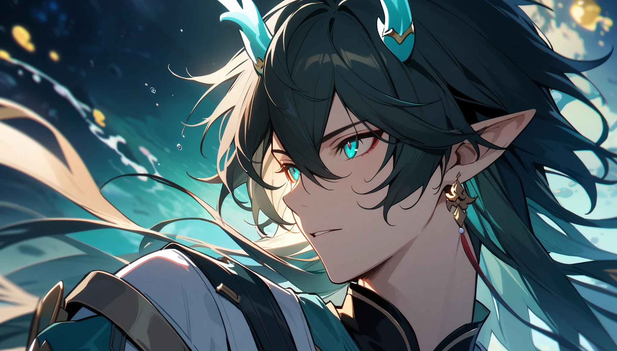 1boy, dan heng, imbibitor lunae, dan heng IL, honkai star rail, elf ears, long hair, black hair, horns, underwater, dark green background, hd eyes, close up, dynamic angle, facing left, (beautiful and aesthetic:1. 5), best quality, high quality,  super detail, best quality, ultra-detailed,dynamic lighting, HD,