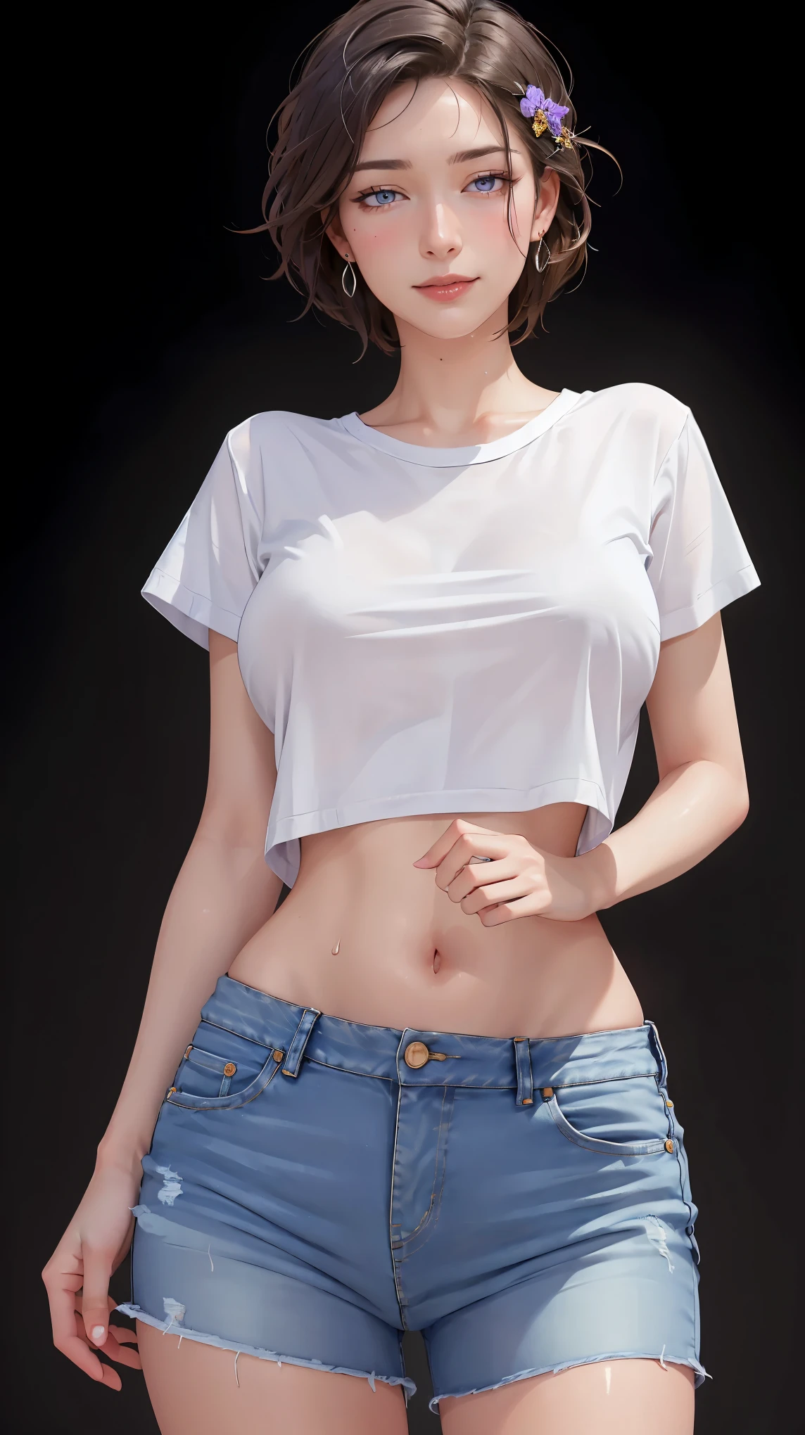 ((((masterpiece, best quality, high resolution)))), Extremely detailed 8K, Beautiful girl with voluptuous body, (Ultra HD, Ultra-detailed, Highly detailed, Highly realistic, Ultra-realistic, photograph realistic), (1girl:1.5), (Realistic black hair), (short silky hair, hair ornaments, earrings), (dynamic poses), facing at camera, looking at viewer, (blushing red, embarrassed, exhausted, smile), (violet eyes, sharp eyes), (big perky breasts:1.2), (wide hips:1.2), (beautiful detailed face, beautiful detailed eyes), ((white cropped t-shirt, jeans shorts)), (detail pussy), (standing up), sweat, glow, ((cowboy shot)), (nightlight), (simple background), seductive