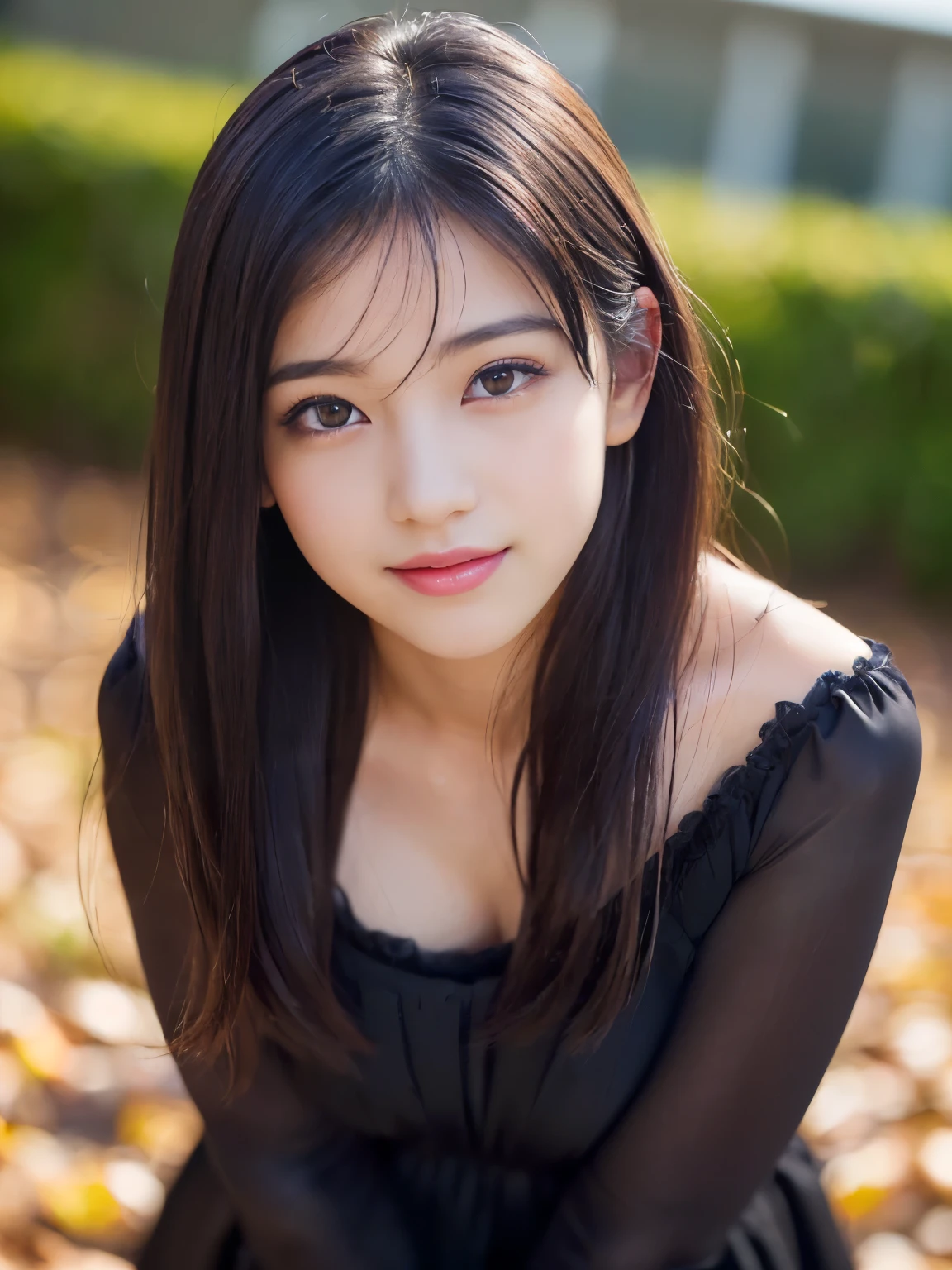 Create an ultra-realistic image of a 21-year-old Japanese woman named Kotone. She has extremely long, perfectly straight black hair that flows down to her waist, with blunt bangs that cover her forehead. Her eyes are large, enchanting, and have double eyelids with sparkling black pupils, giving them a captivating and youthful appearance. Her face is delicate and innocent, with very thin eyebrows that frame her large, childlike eyes. Kotone's skin is smooth and flawless, resembling snow in its pure white color. She has a slender and well-proportioned body with a shapely bust size of 95 cm, a height of 158 cm, a weight of 43 kg, an ideal waist size of 58.46 cm, and an ideal hip size of 86.73 cm. Her complexion is flawless, without any wrinkles, and her natural makeup enhances her features subtly, maintaining a fresh and youthful look. She embodies a perfect balance of youthful charm and mature elegance, with a cute and innocent smile that adds warmth and affection to her appearance.
Kotone should be depicted facing forward, with her body positioned to emphasize her front. Her long black hair should flow naturally over her shoulders, framing her face and upper body. Her pose should be confident and relaxed, with her arms gently at her sides or holding a small accessory. Her expression should be warm and inviting, with a friendly smile that captures her youthful charm. The lighting should be soft and natural, focusing on her front and emphasizing the smoothness of her skin and the delicacy of her features, creating a sense of depth and realism. The background should be simple and neutral, ensuring that every detail of her appearance is highlighted and that the focus remains on her face and front. She is wearing a casual yet stylish outfit that highlights her well-proportioned figure, such as a fitted blouse and skirt.