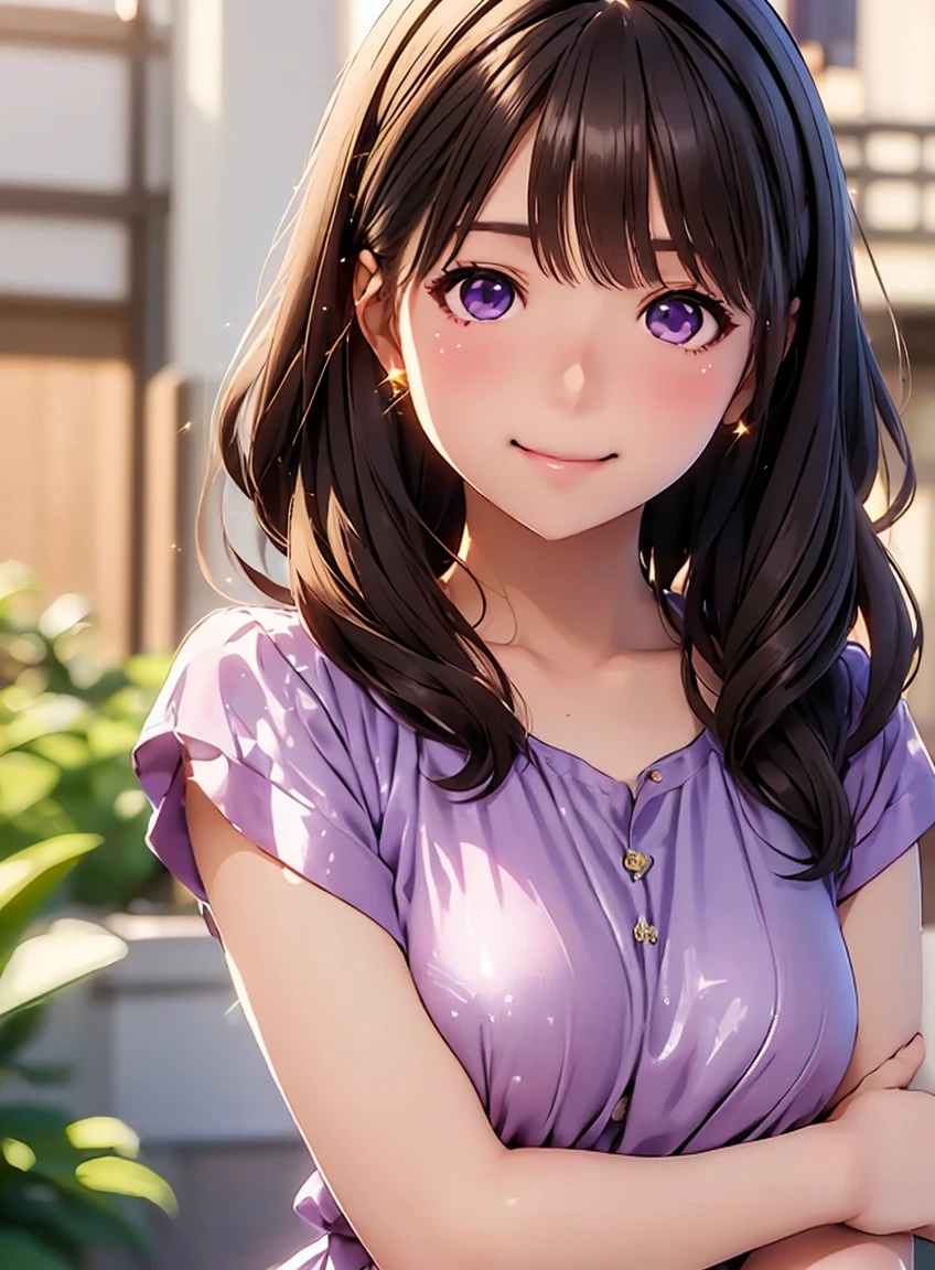 High resolution,In 8K,Best Quality,detailed,Semi-realistic anime,3D anime style,Smooth anime CG,One Girl,Japanese women,slim,Modeling,Shiny brown hair,((Wavy Hair)),((Cute Dresses)),((Grace Kelly)),(detailedなデジタルアート),detailedな顔,Beautiful and detailed,Glowing Skin,((Female college student)),(Small breasts),(((Deep violet sparkling eyes))),(((Shut your mouth.))),((Smile))