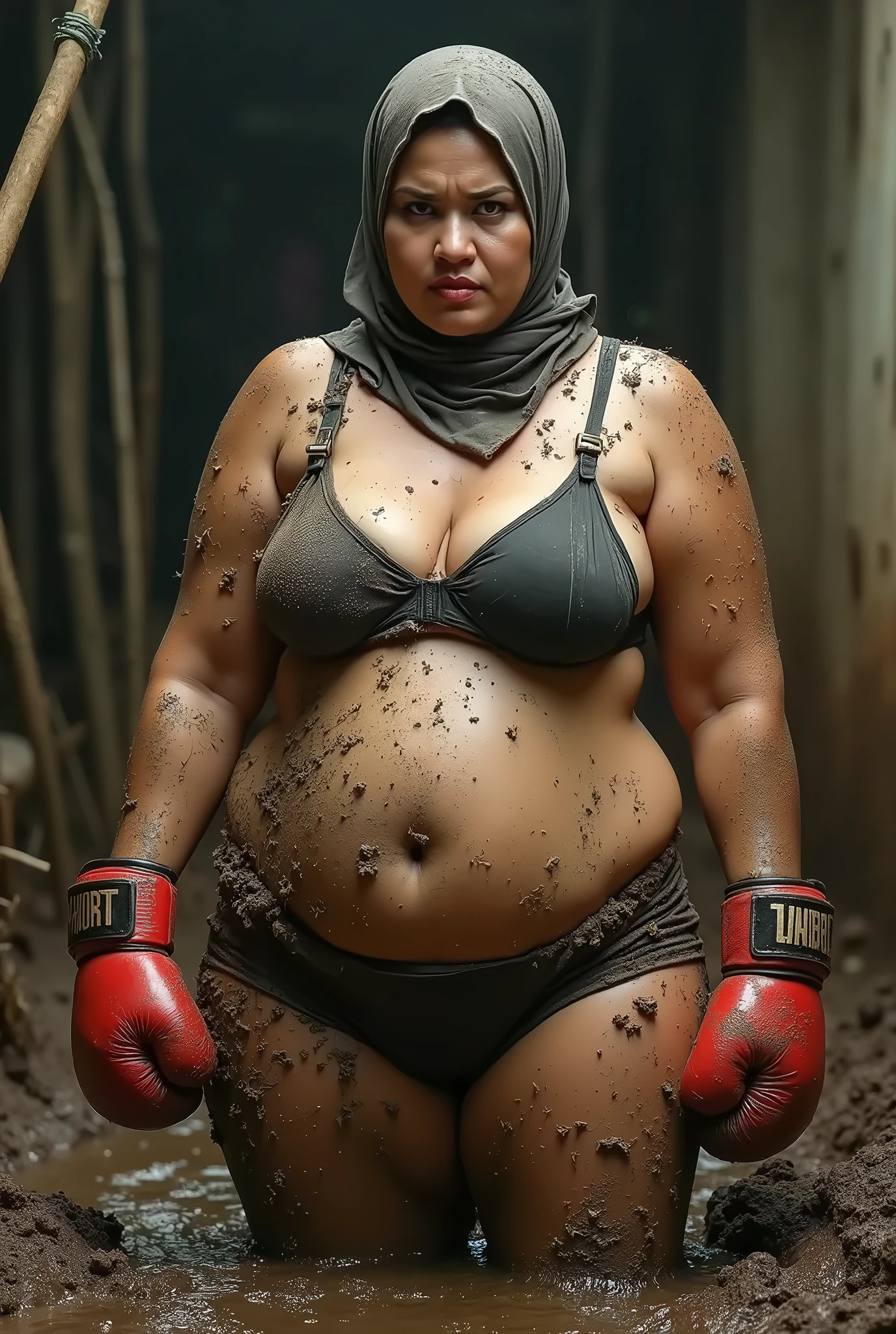 Indonesian army women, hijab, screaming, wearing army uniform, massive big boobs, collapsed on the mud, dirty body, pregnant, open legs , ((show tank bullets thrust in her pussy)).