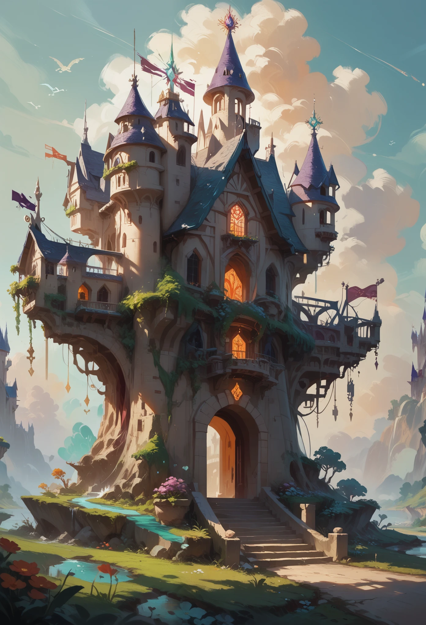 Image is a digital artwork depicting a fantastical castle city situated on a lush, green island surrounded by a vast, shimmering ocean. The castle, with its numerous spires and towers, is perched atop a hill, dominating the landscape. The city below is intricately detailed, with winding streets and tightly packed buildings, all illuminated by a warm, golden glow. The sky is a vibrant tapestry of colors, with dramatic clouds painted in shades of pink, purple, and orange, suggesting a sunset or sunrise. The ocean reflects the sky's colors, creating a harmonious blend of light and shadow. The overall composition is panoramic, capturing the grandeur and magic of the scene, with a focus on the interplay of light and color.