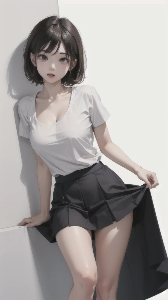 One Girl,、Simple white background, Wide-angle shot, 、White T-shirt、、Shortcuts, Multiview, Wearing a skirt、Cleavage、