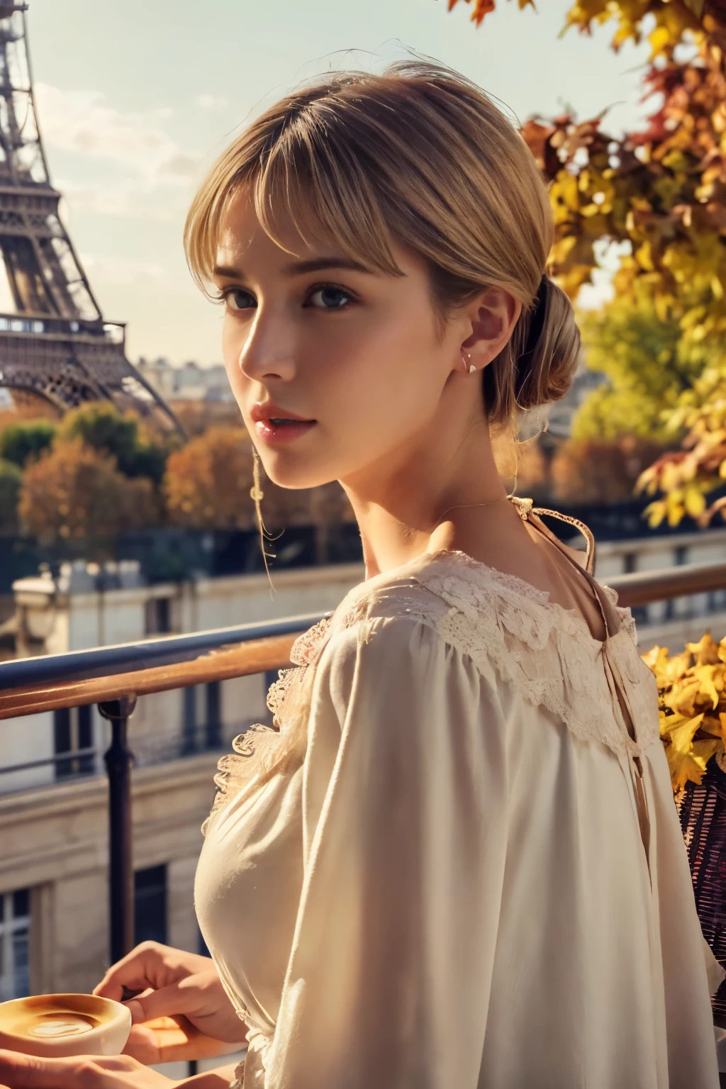 Photo of Girl fang white top smiling at the camera while raising her thumbs with the effeil tower and civilians in the background