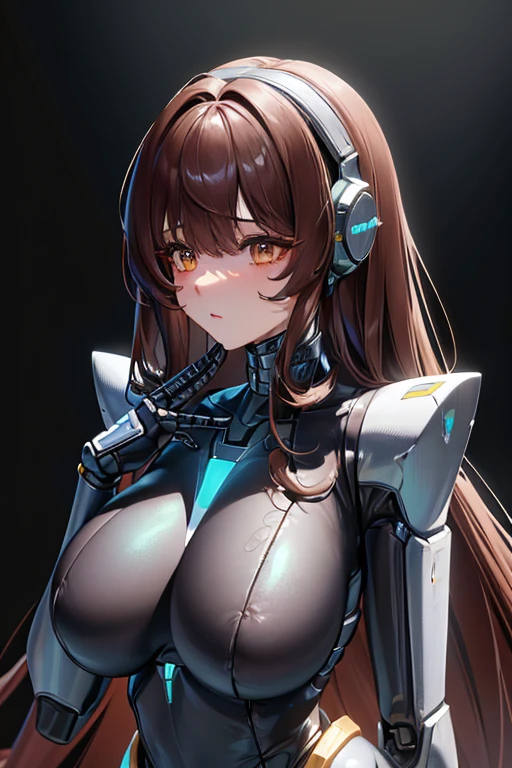 (masterpiece),(Highest quality),(Super detailed),(Best illustrations),(Best Shadow),(Absurd),(Detailed Background),(so beautiful), 16K, 8K, 4K,(Best Shadow),robotization,woman ,big bust,Robot Joint ,Metal skin,Black robot Suit,long hair,a black robot suit that covers the whole body,robot hand,cyber bodysuit,mecha head,(Detailed hands and fingers:1.2),Ball joint robot body,doll joint,beautiful face,beautiful robot girl,robotic eye,robotic hands,(no more human skin),android girl,cyborg girl,F cup, sexy body,(machine made joints:1.2),(machanical limbs:1.1),(blood vessels connected to tubes),(mechanical vertebra attaching to back),(mechanical cervial attaching to neck),Noir(NIKKE),no messy picture style,no emotions