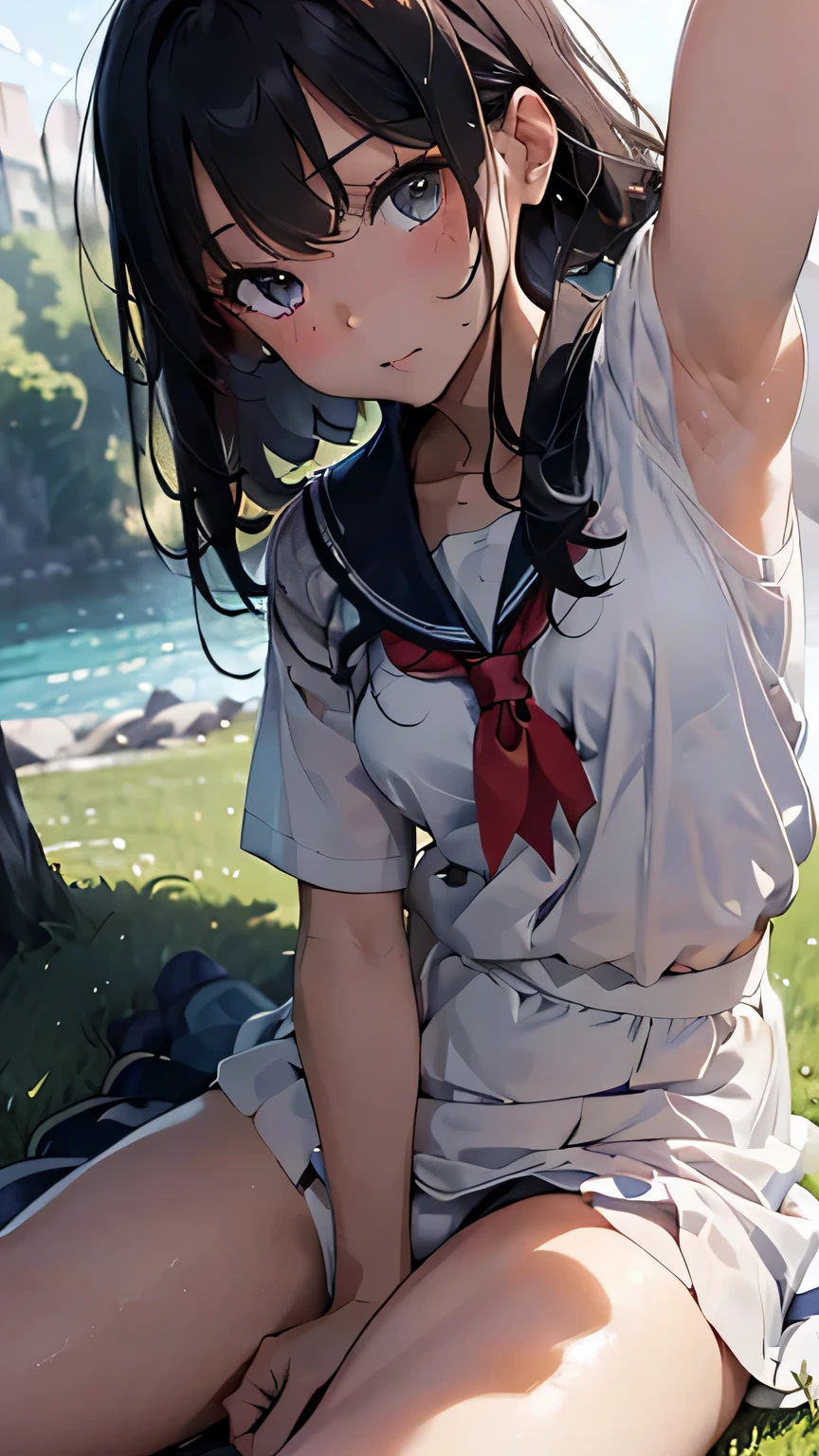 (round face), eyes with realistic sizing, drooping eyes, blush, sweat, shame, pleated skirt, ribbon, (ecstasy face, lewd girl), (standing and straddling to hit her crotch against a vibrating grass trimmer, masturbating with complete concentration), braid, sneakers, angle from below,