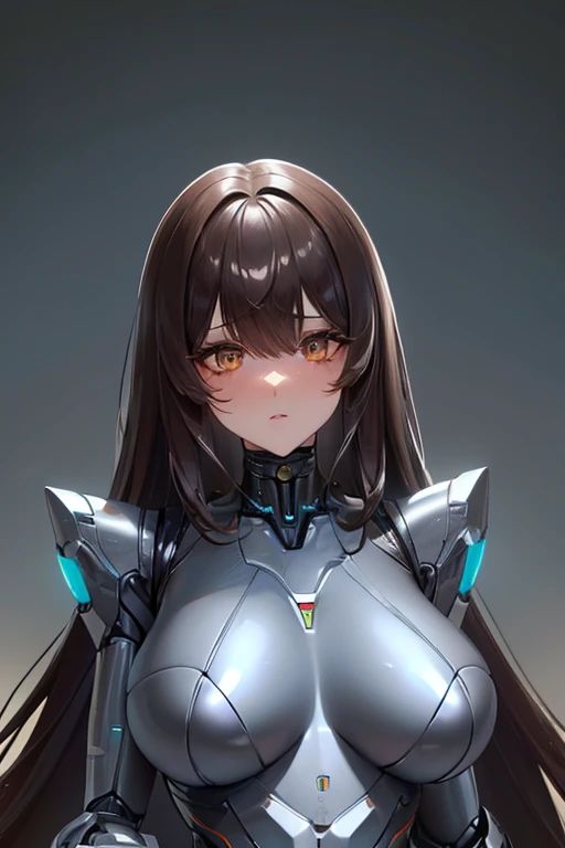 (masterpiece),(Highest quality),(Super detailed),(Best illustrations),(Best Shadow),(Absurd),(Detailed Background),(so beautiful), 16K, 8K, 4K,(Best Shadow),robotization,woman ,big bust,Robot Joint ,Metal skin,Black robot Suit,long hair,a black robot suit that covers the whole body,robot hand,cyber bodysuit,mecha head,(Detailed hands and fingers:1.2),Ball joint robot body,doll joint,beautiful face,beautiful robot girl,robotic eye,robotic hands,(no more human skin),android girl,cyborg girl,F cup, sexy body,(machine made joints:1.2),(machanical limbs:1.1),(blood vessels connected to tubes),(mechanical vertebra attaching to back),(mechanical cervial attaching to neck),Noir(NIKKE),no messy picture style,no emotions