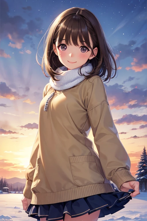 my grandmother、Shiny brown hair, Short Hair, (Beautiful brown eyes、Sparkling eyes, Fine grain)、smile、Ultra-detailed eyes、Highly detailed face, Highly detailed eyes,Cowboy Shot、


masterpiece, Best Quality,  One girl,  Alone, (Superflat, Flat Shading), Best Quality，
，warm, Large sweater，warmマフラー，Long Hair，ice skating，smile，smile，fun，play，winter，snow，dusk，Beautiful sunset，Wide angle，Vibrant colors，watercolor，Ghibli style，