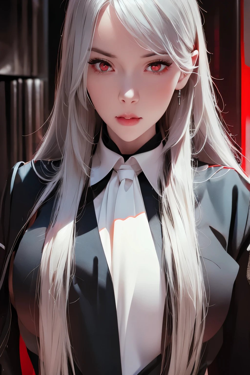 a beautiful woman with long silver hair, red eyes, wearing a black suit, white shirt, black tie, medium breasts, detailed face, hyper realistic, cinematic lighting, 8k, high quality, photorealistic, chiaroscuro, dramatic shadows, cool color palette, moody atmosphere