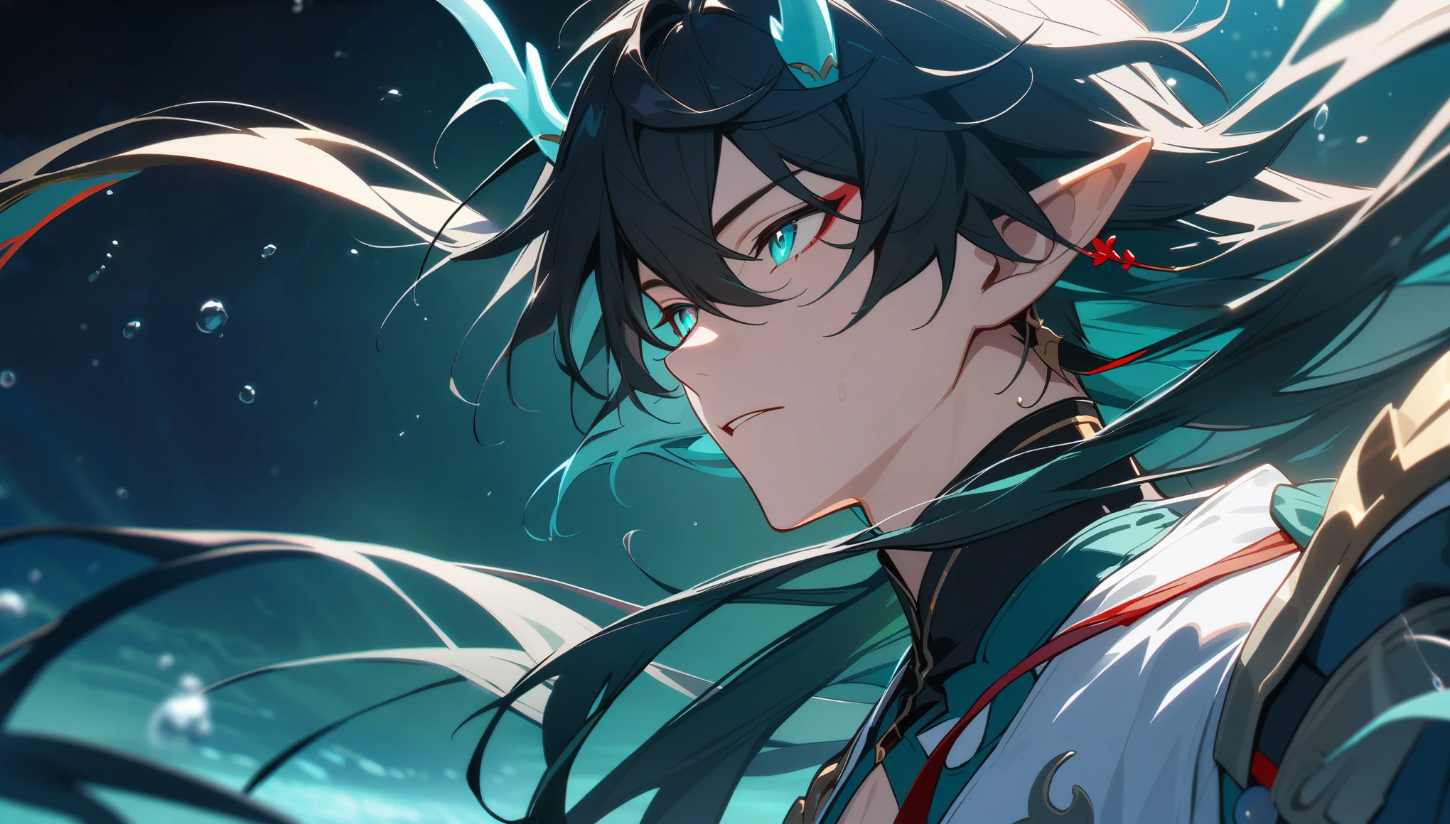 1boy, dan heng, imbibitor lunae, dan heng IL, honkai star rail, elf ears, long hair, black hair, horns, underwater, dark green background, hd eyes, close up, dynamic angle, facing left, (beautiful and aesthetic:1. 5), best quality, high quality,  super detail, best quality, ultra-detailed,dynamic lighting, HD,